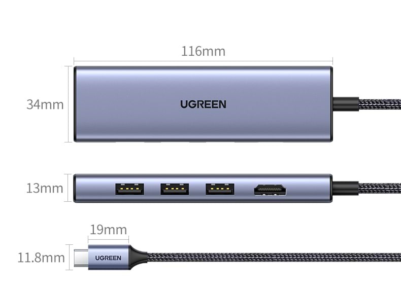 UGREEN Usb-C Multifunction Adapter USB hub - 3 ports - Sølv Usb Hub 20956A-UG