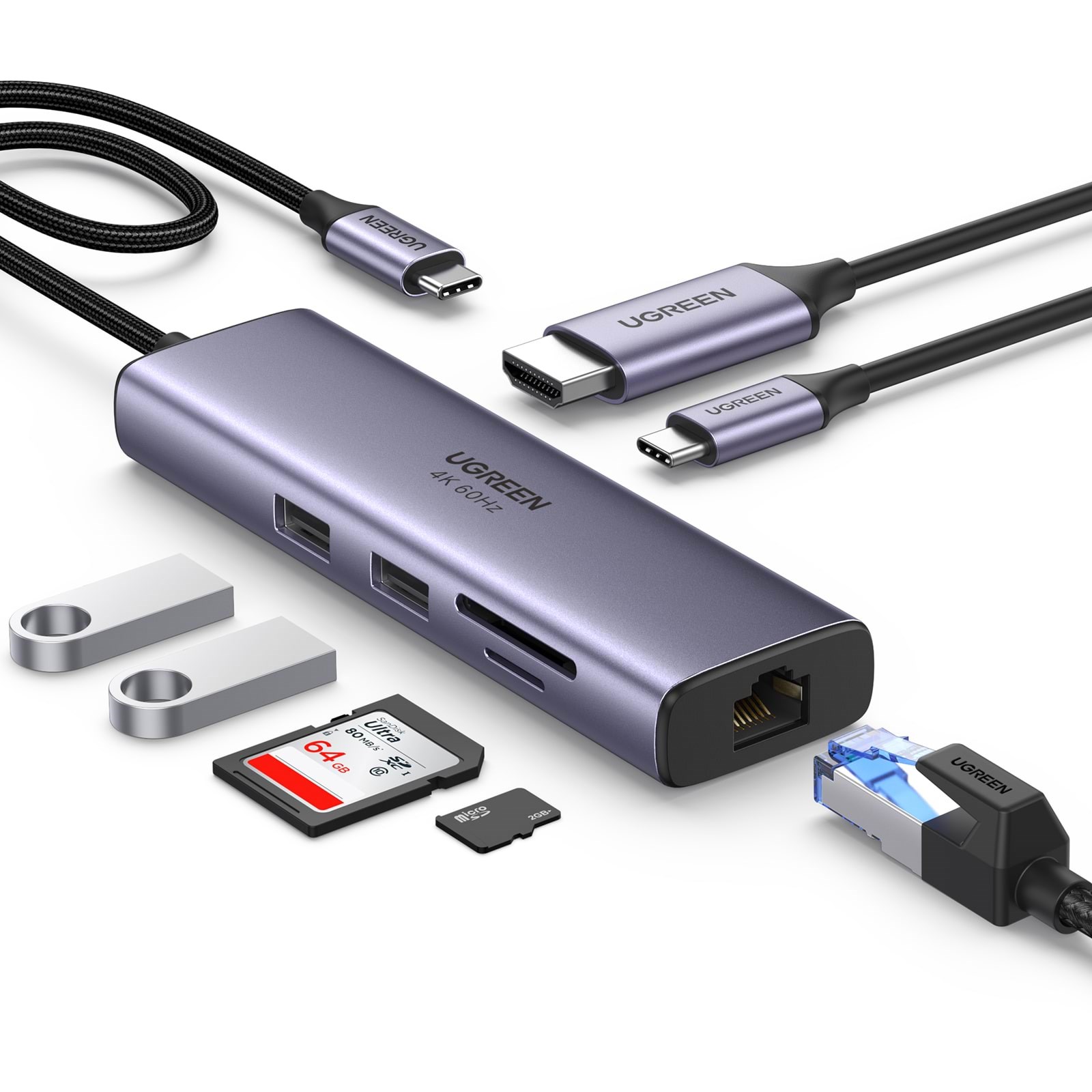 UGREEN Usb-C Multifunction Adapter With Ethernet Interface USB hub - 7 ports - Sølv Usb Hub 60515-UG