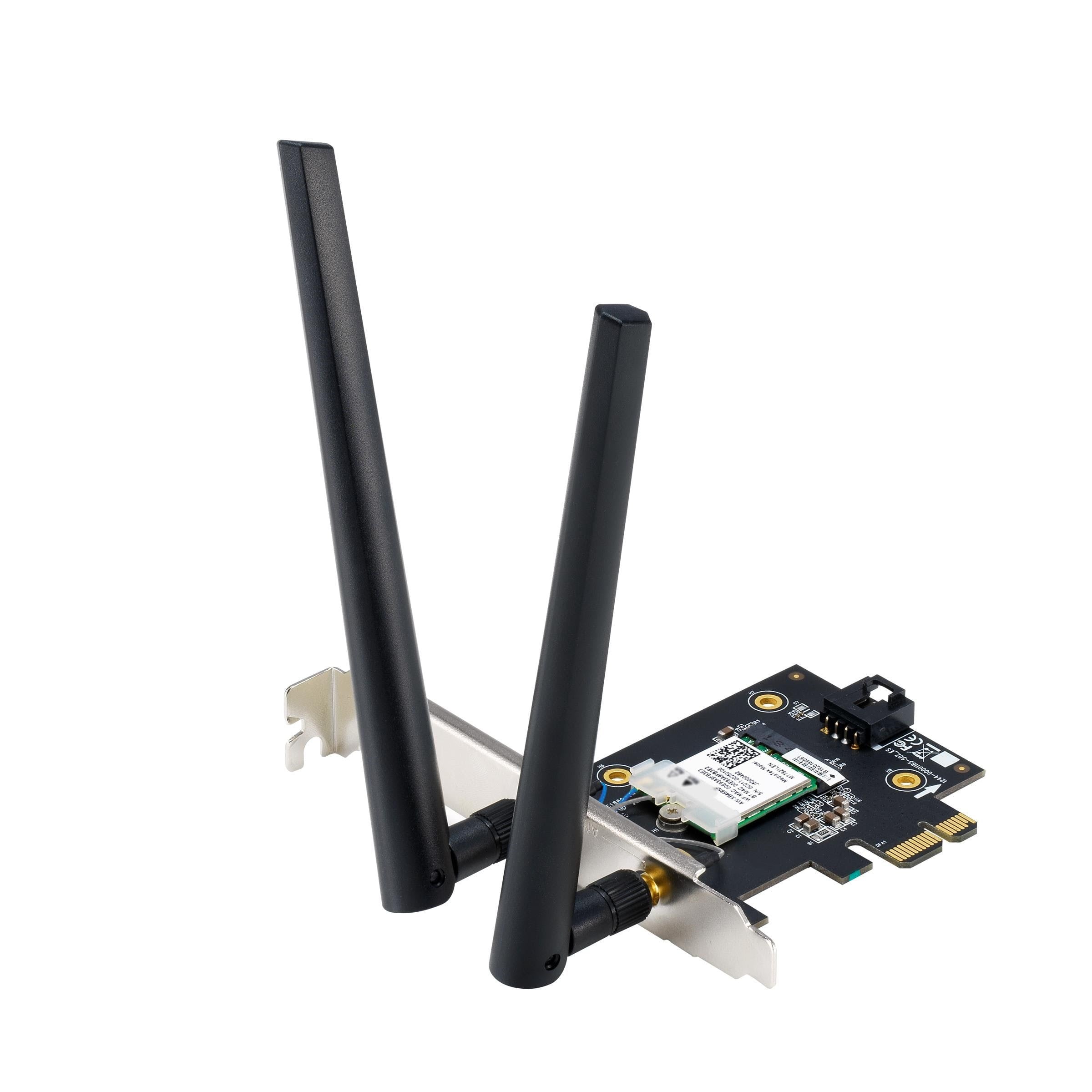 ASUS PCE-BE6500 WiFi 7 PCI-E Adapter with 2 external antennas. Supporting 6GHz band 4096-QAM Bluetooth 5.4 WPA3