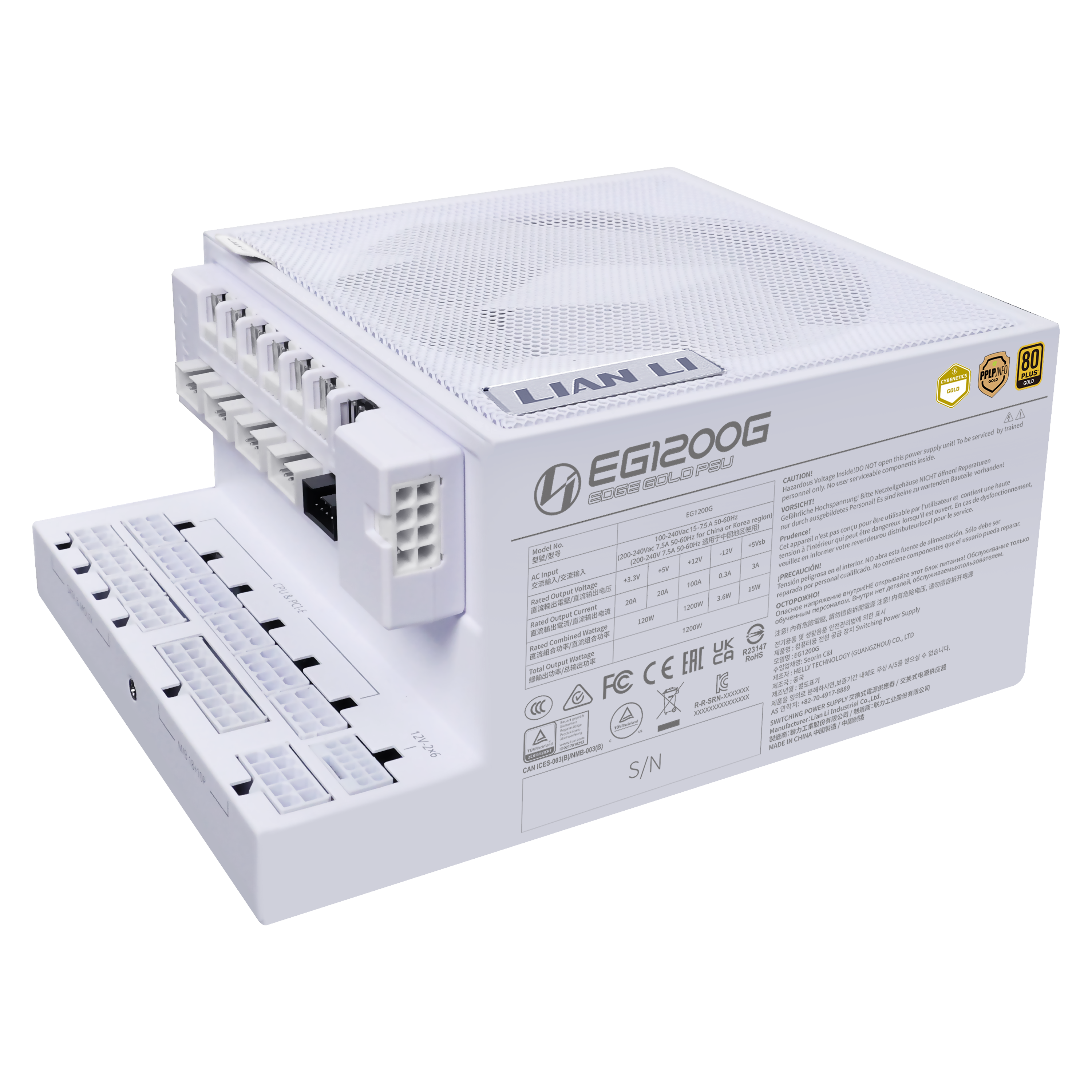 Lian Li Edge Gold 1200W White Strømforsyning - 1200 Watt - 120 mm - ATX 3.1 - 80 Plus Gold certified Strømforsyning Hvid G9P.EG1200G.WH00.EU