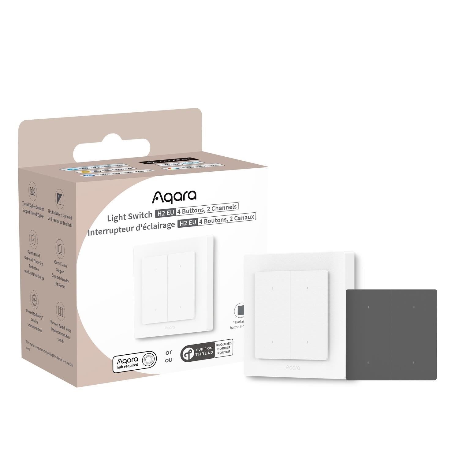 Aqara Light Switch H2 EU (4 Buttons 2 Channels) - White Frame with Dark Grey Buttons