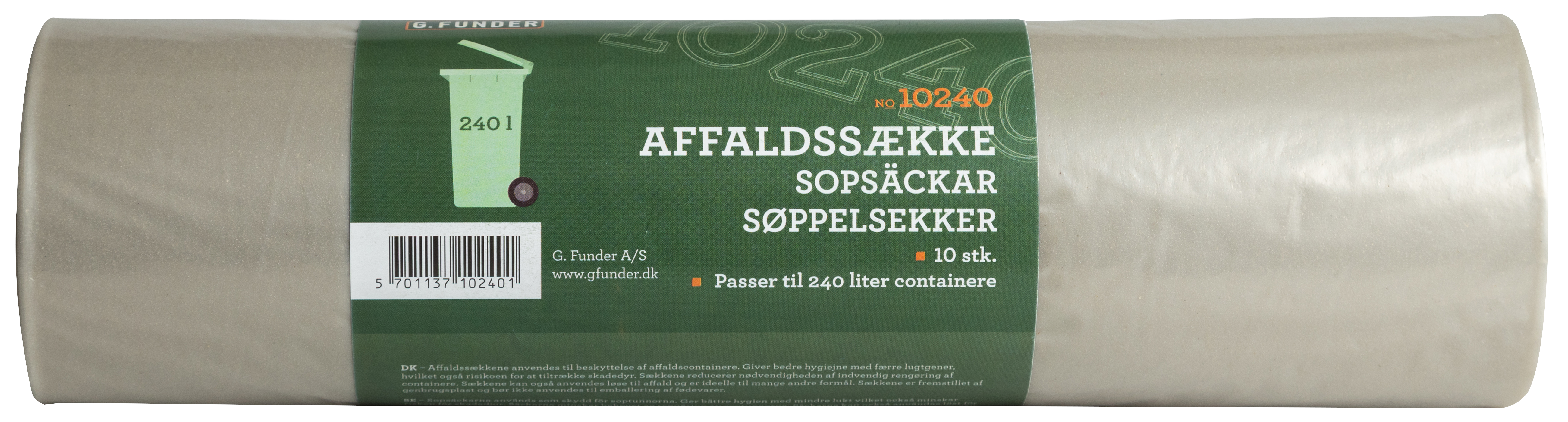 G.Funder Container affaldssække, til 240 liter container, klar plast, 10 poser pr. rulle - standard kvalitet