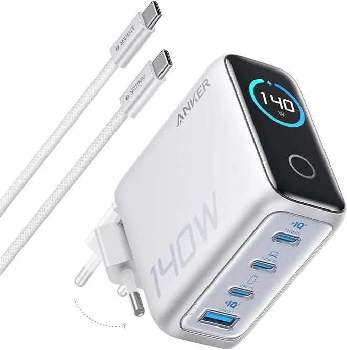 Anker Charger 140W 4-Port w/ USB-C Cable - Silver Mobil Oplader B2697G41