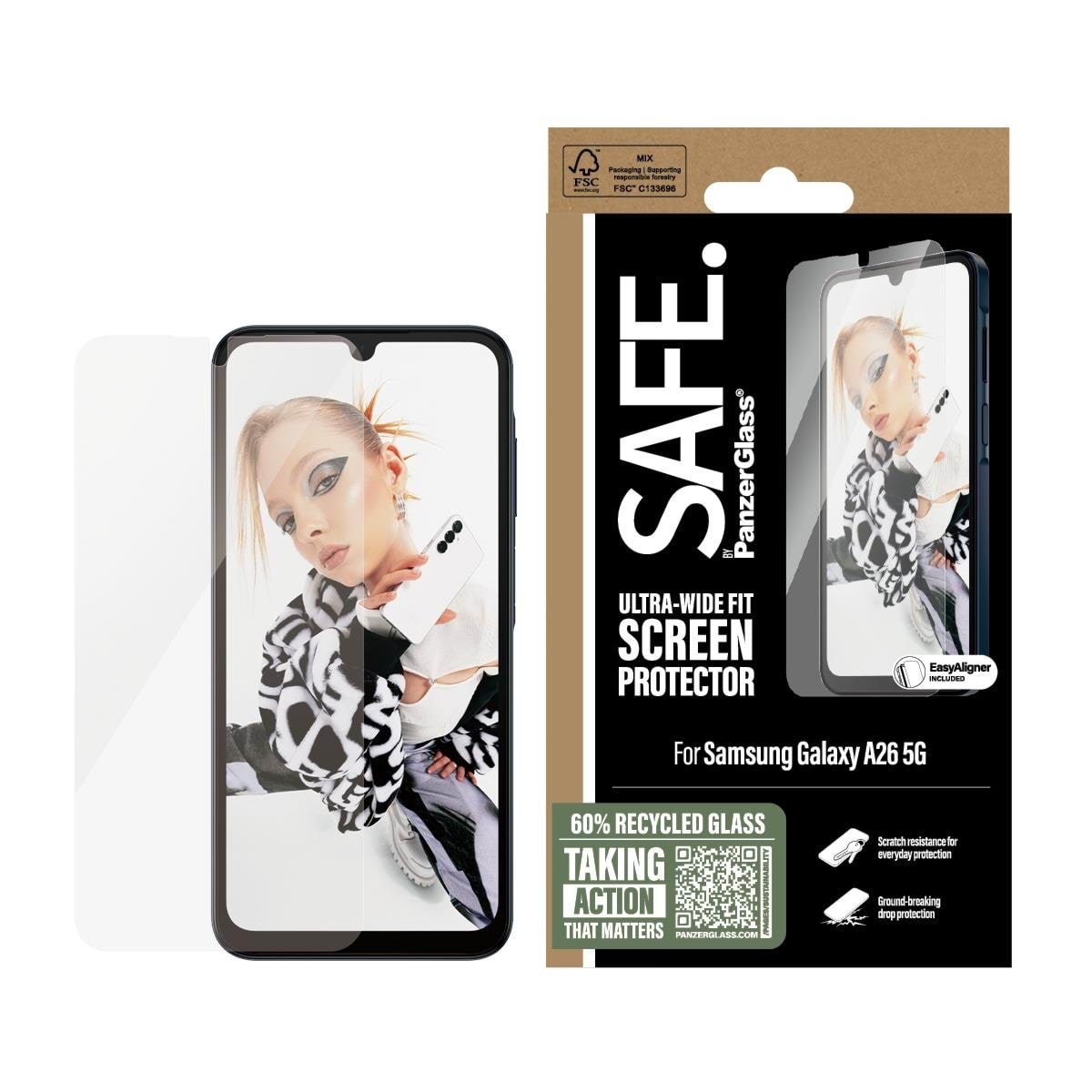 SAFE by PanzerGlass Screen Protector Samsung Galaxy A26 5G | Ultra-Wide Fit w. Aligner Beskyttelsesglas SARNUWFG38541