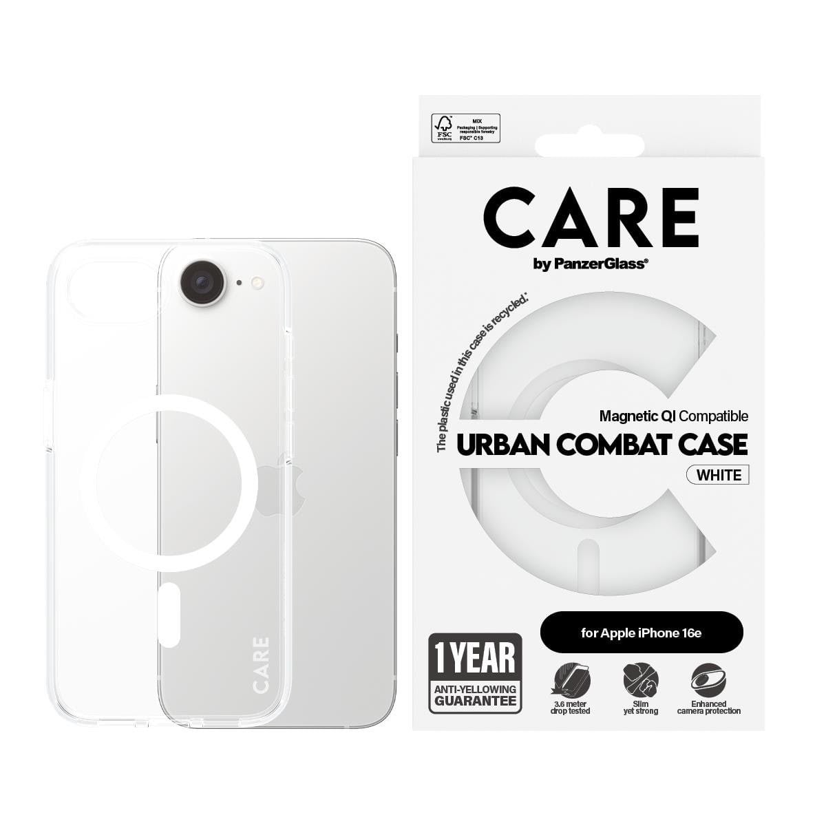 CARE by PanzerGlass Urban Combat Case Transparent w. White Qi Compatible iPhone 17e | 16e