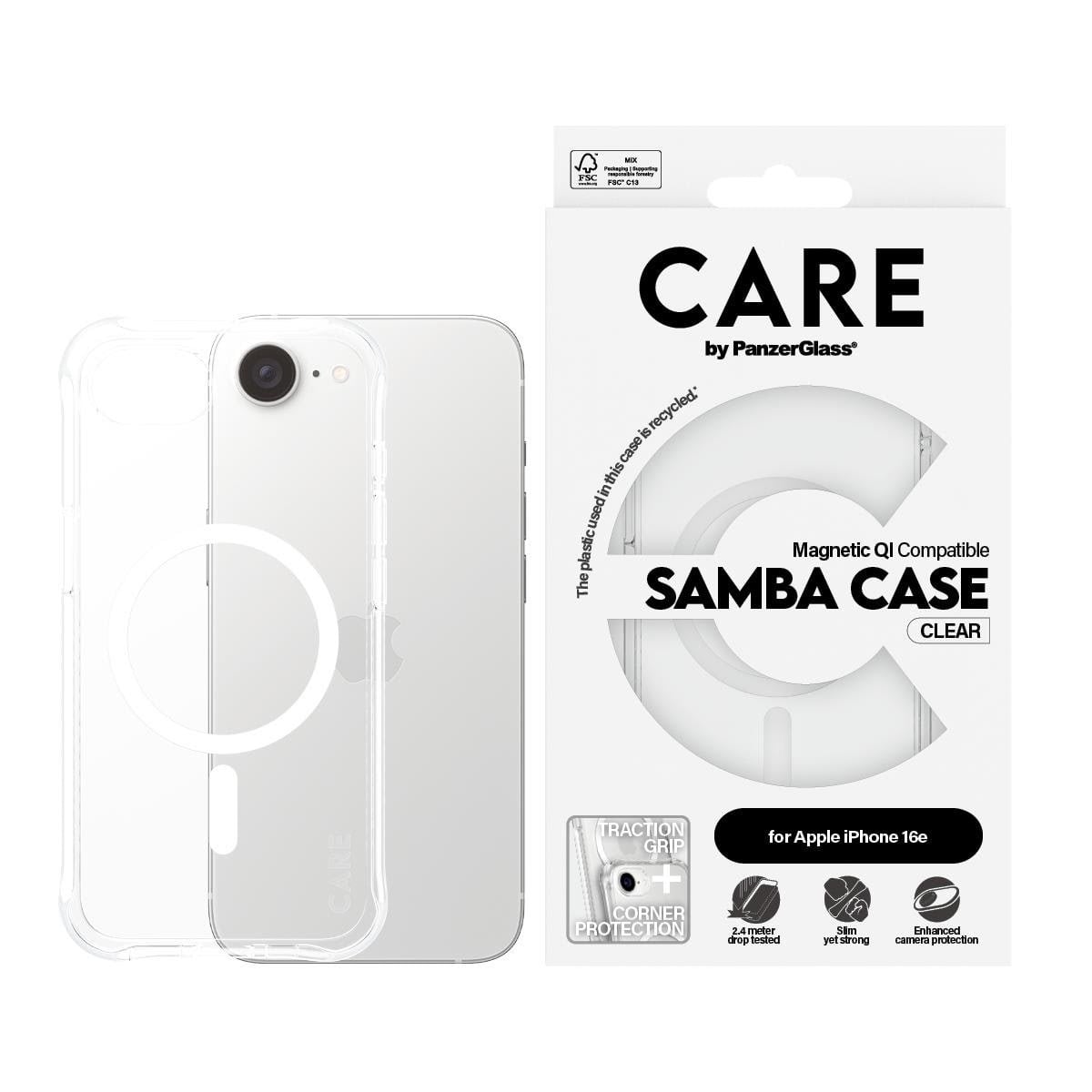 CARE by PanzerGlass Samba Case Transparent w. White Qi Compatible iPhone 17e | 16e