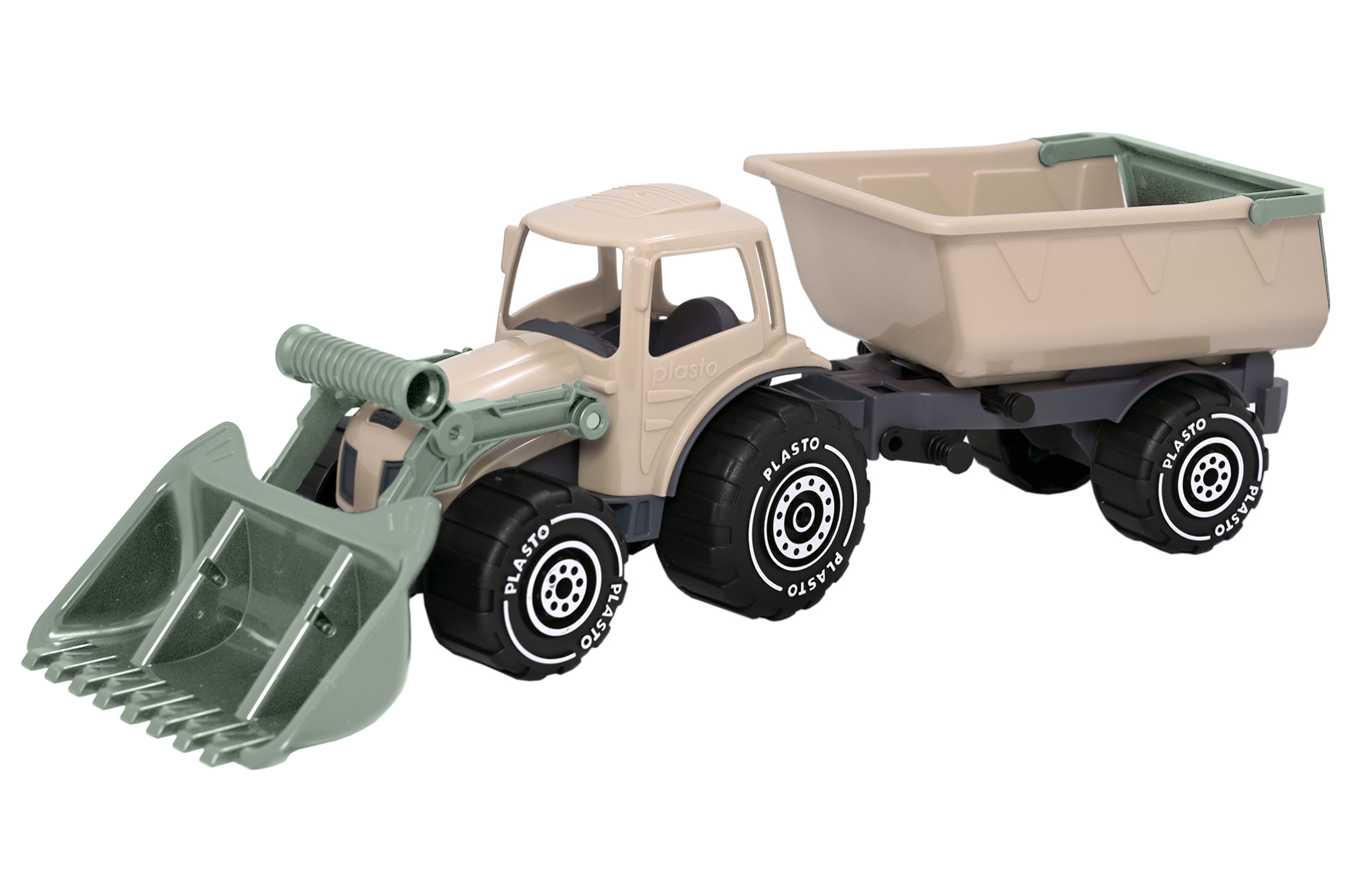 Plasto Soft Neutrals Traktor med frontlæsser og anhænger. 56,5 cm. Udendørsleg 1672000SNC
