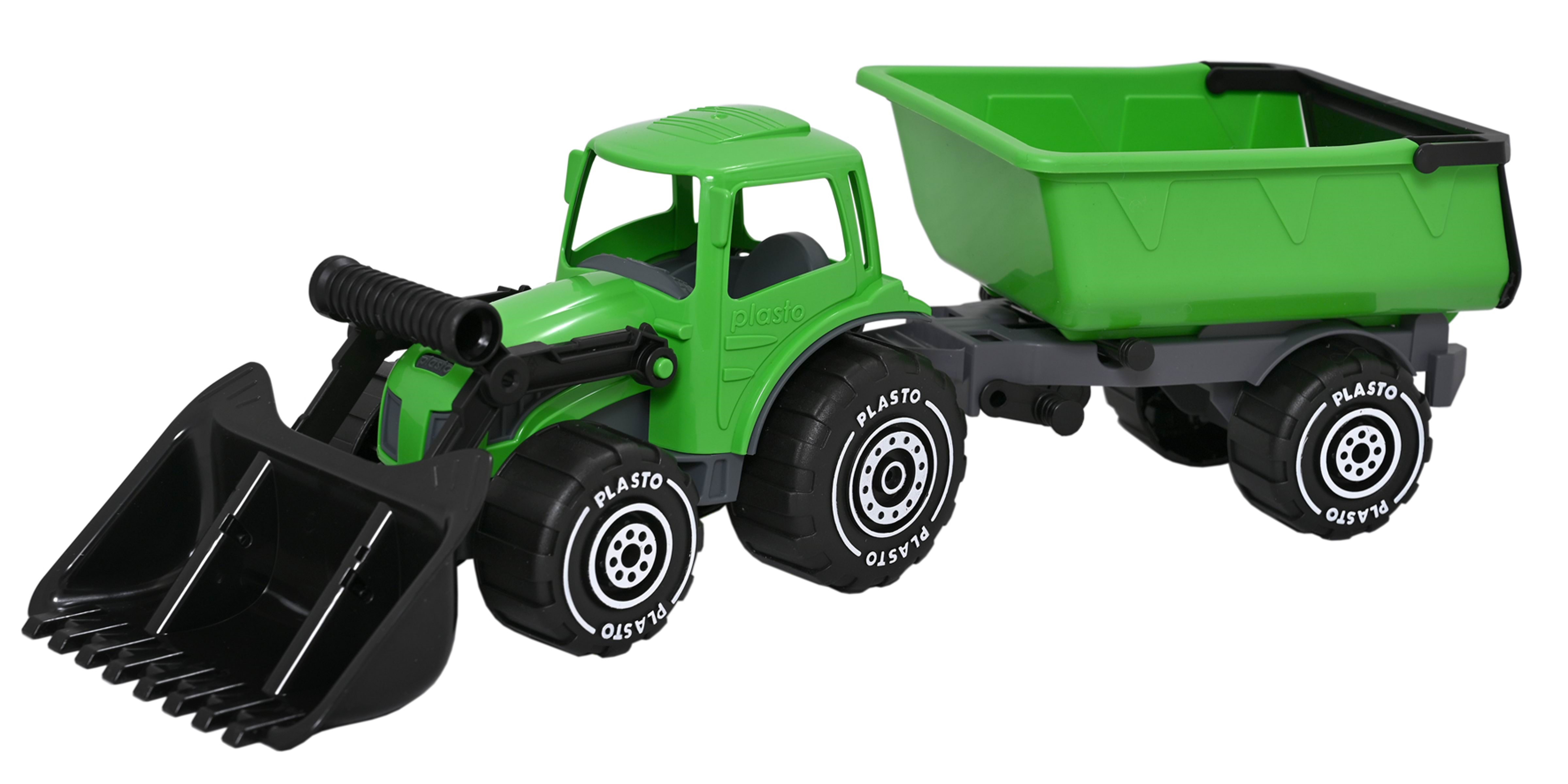 Plasto Traktor med frontlæsser og anhænger 56,5 cm. GRØN Udendørsleg 1672000GRB