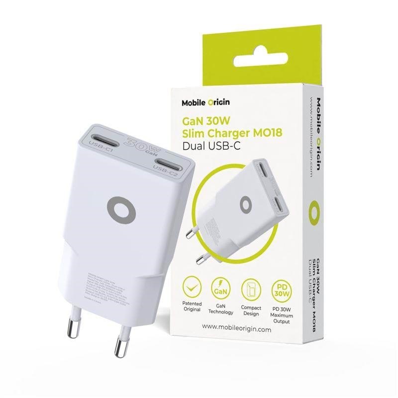 Mobile Origin GaN 30W Slim Charger TÜV - MO18 - Dual USB-C Mobil Oplader MO-GAN30W-MO18