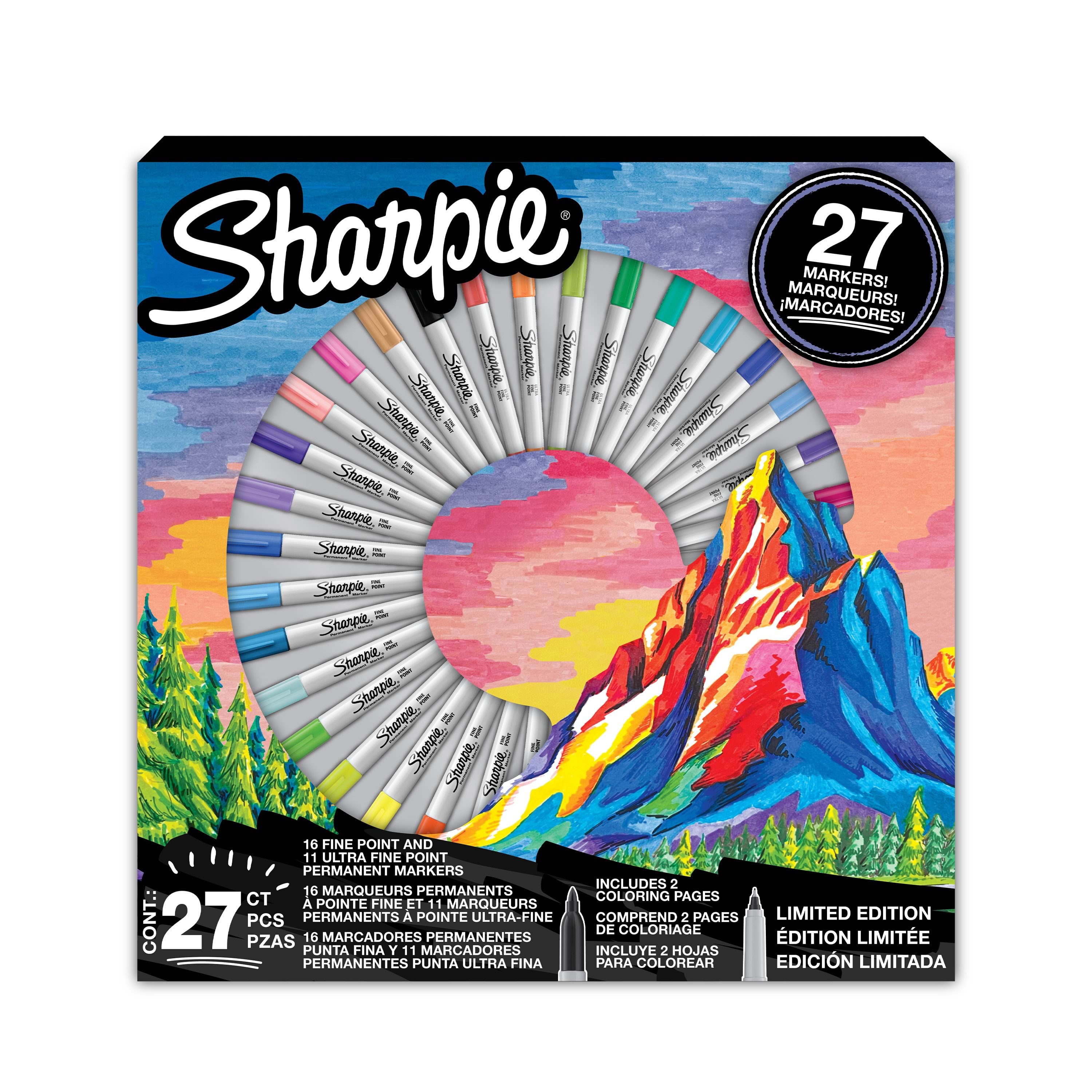 Sharpie Permanene Markere Gavesæt | Fin Spids & Ultra Fin Spids | Assorterede Farver | Indeholder 2 Farvelægningssider | 27 Markerpenne Tegneværktøj 
