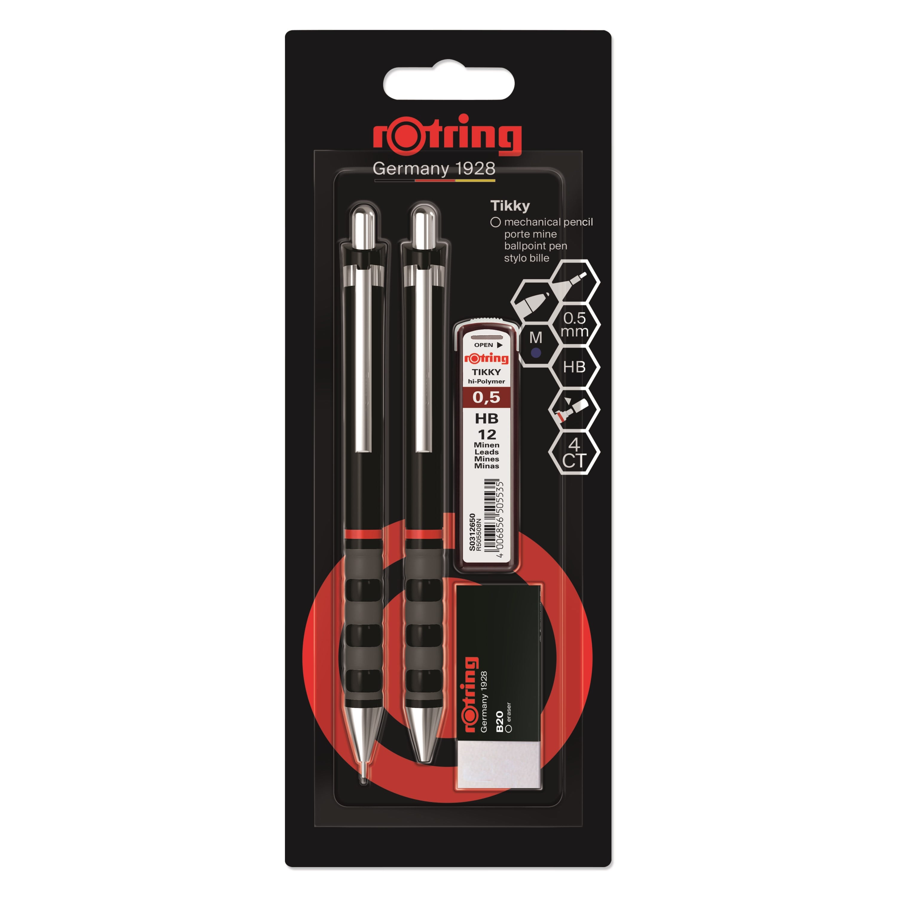Rotring rOtring Tikky Mekanisk Blyant, Kuglepen, Viskelæder & Blyrefiller Sæt | HB Bly, 0,5 mm Blyant | Medium spids pen | Sort Skaft
