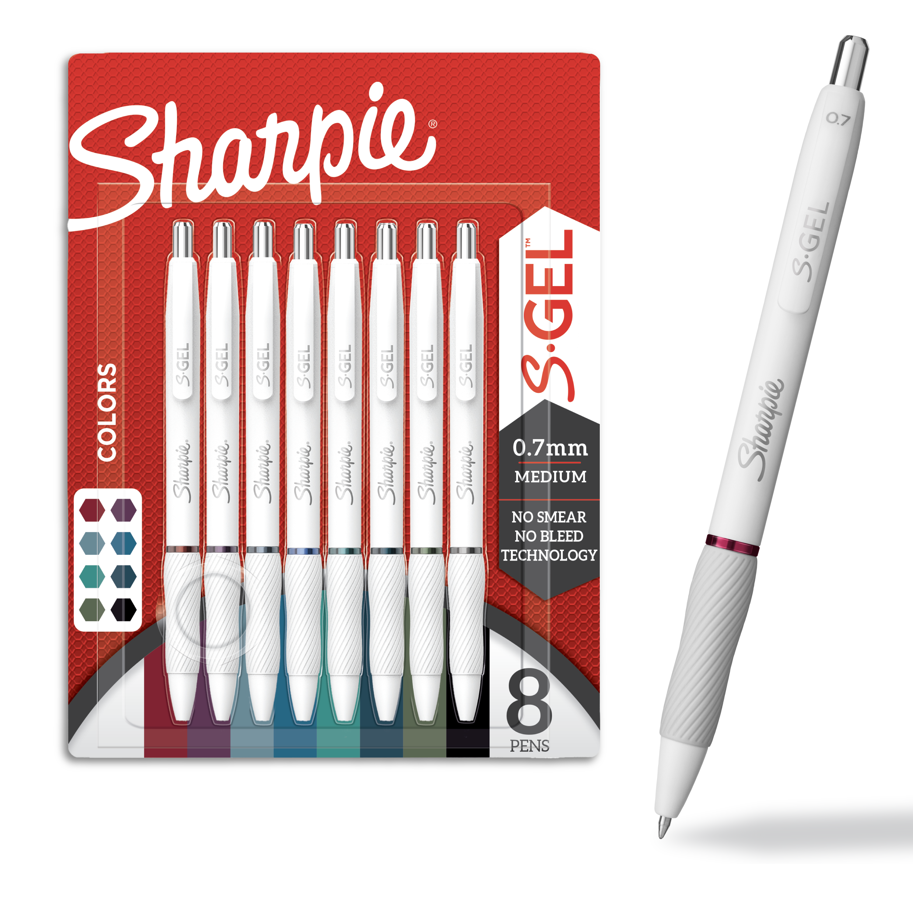 Sharpie S-Gel | Medium spids (0.7mm) | Assorterede Blækfarver | Hvidt perleskaft | 8 stk