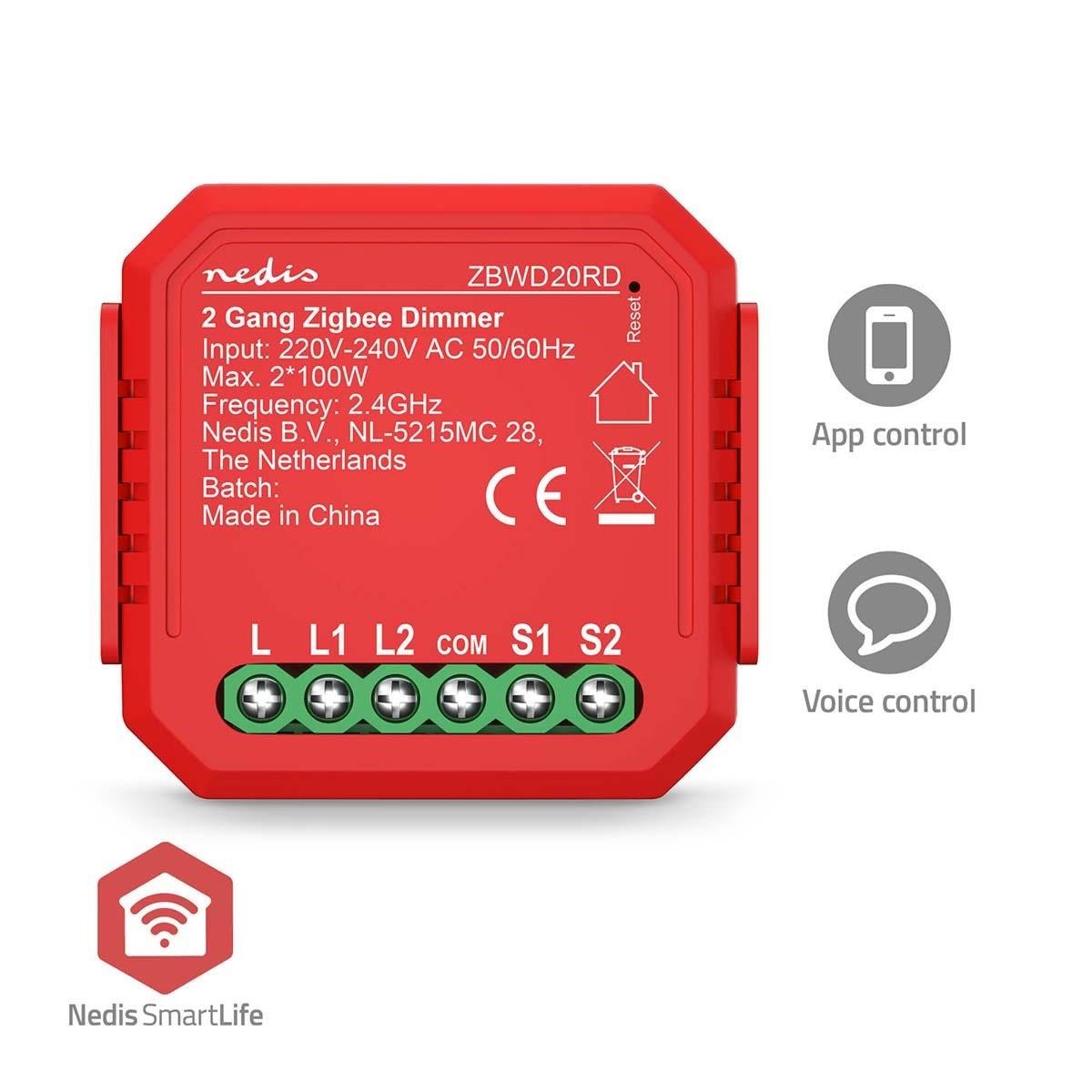 Nedis SmartLife Afbryder, Zigbee 3.0, 2x100 W, Terminalforbindelse, Rød
