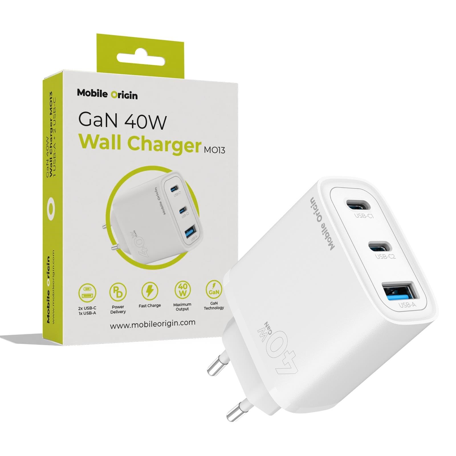 Mobile Origin GaN 40W Wall Charger MO13 - white 1 USB-A + 2 USB-C Mobil Oplader FRL-GAN40W-MO13