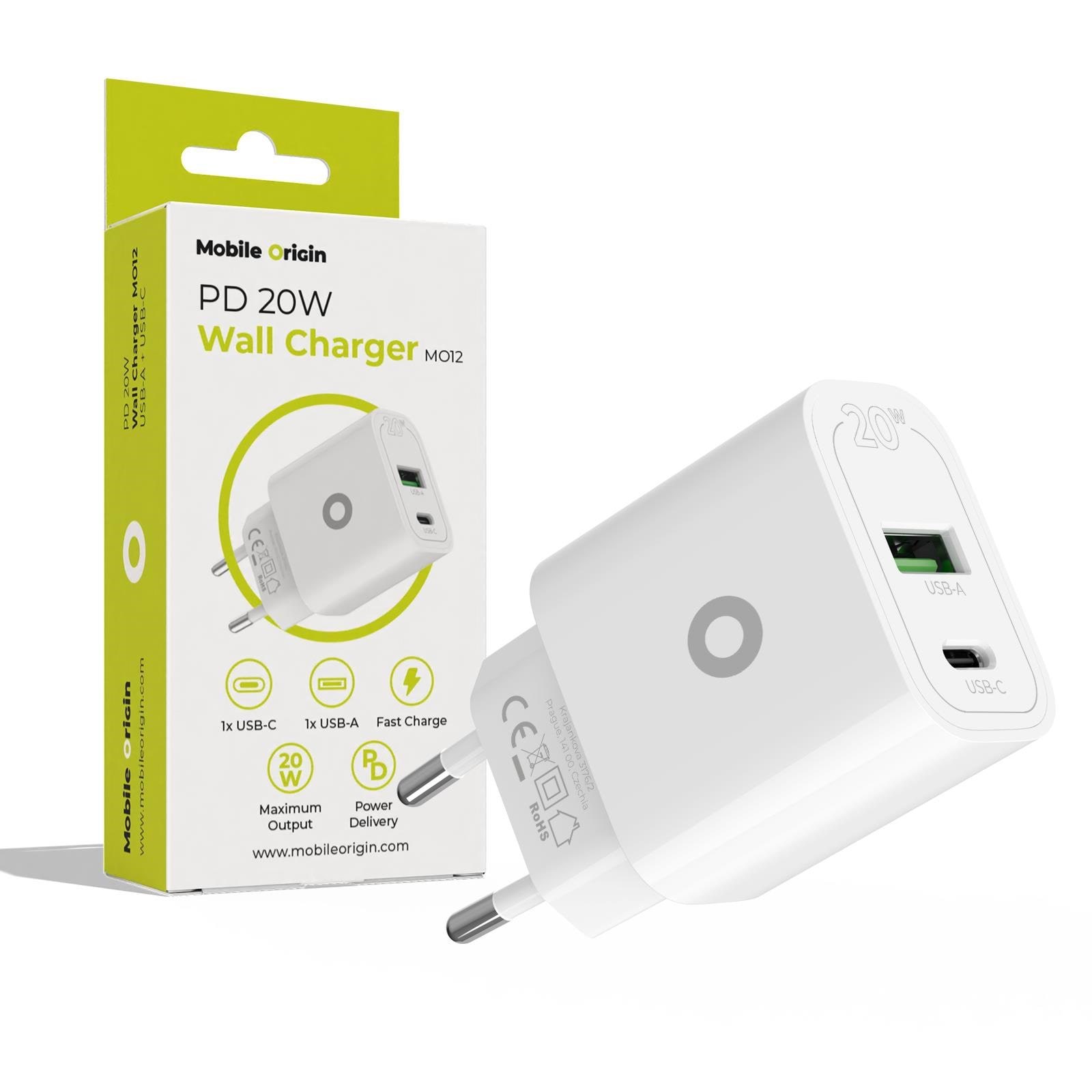 Mobile Origin PD20W Wall Charger MO12 - white 1 USB-A + 1 USB-C Mobil Oplader FRL-PD20W-MO12