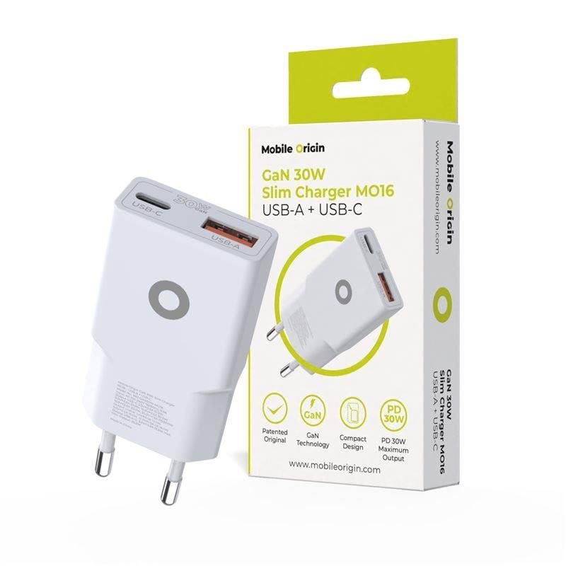 Mobile Origin GaN 30W Slim Charger TÜV MO16 - USB-A + USB-C Mobil Oplader MO-GAN30W-MO16