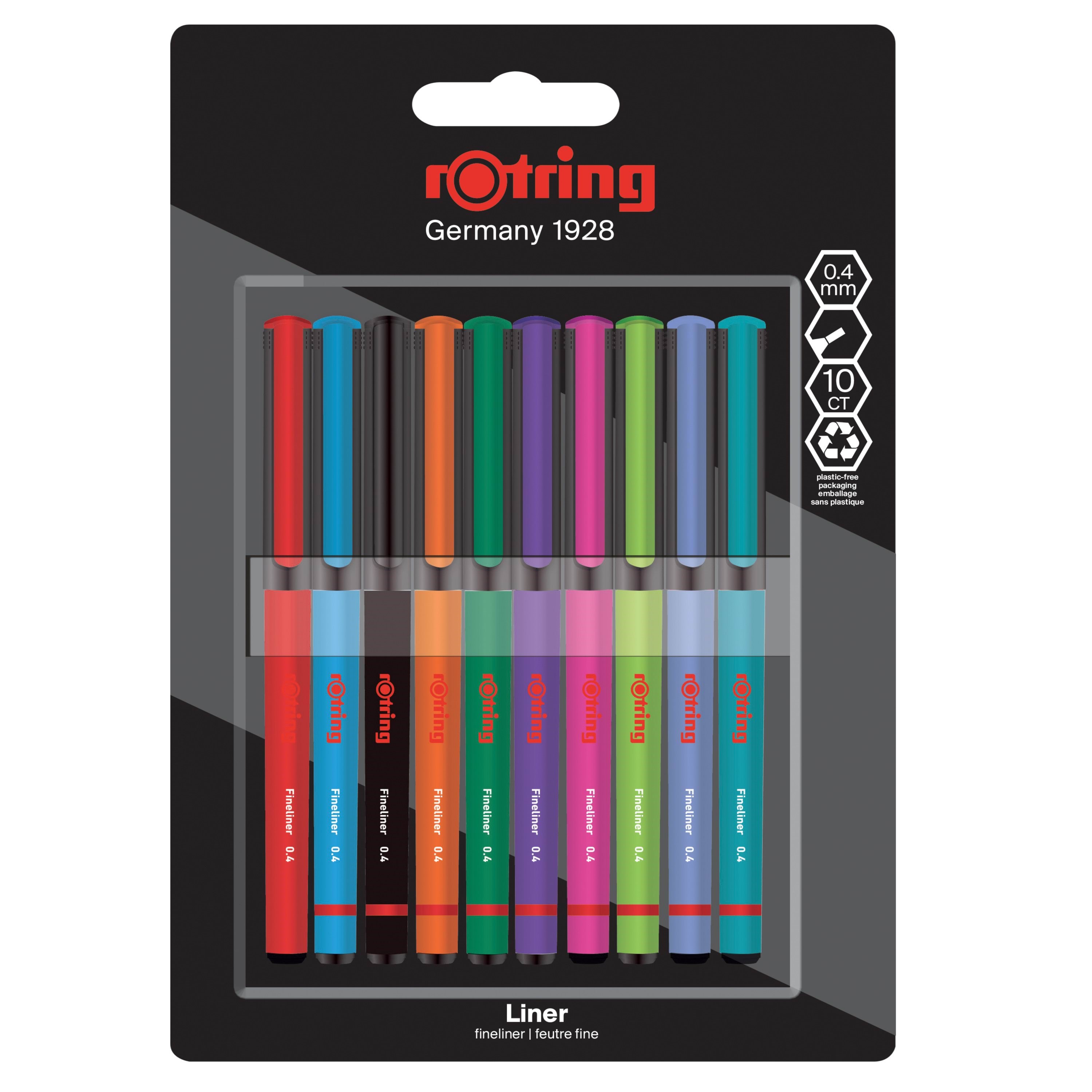 Rotring rOtring Liner Fineliner Penne | 0,4 mm | Farvepenne til Skrivning & Tegning | Assorterede Farver | 10 Stk Tegneværktøj 2166220