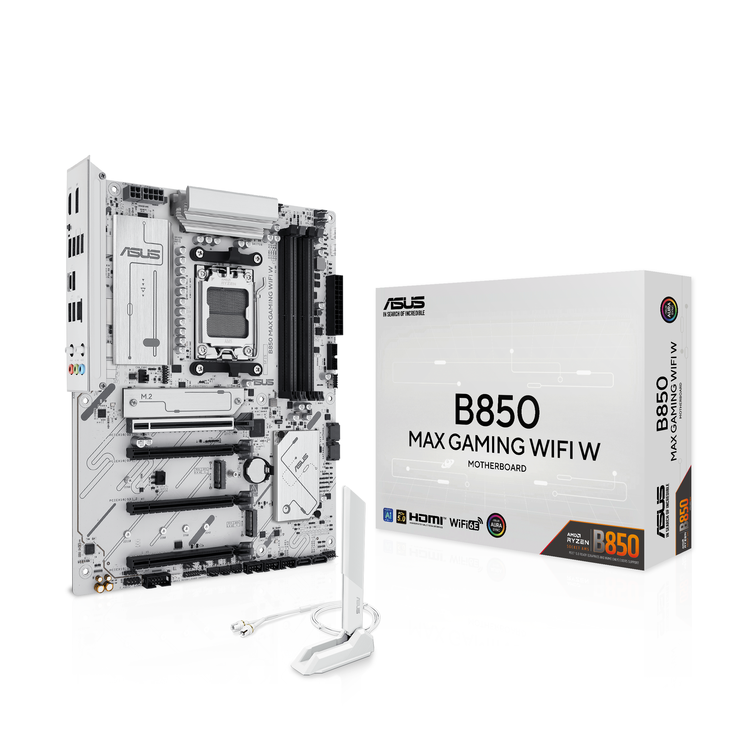ASUS B850 MAX GAMING WIFI WHITE Bundkort - AMD B850 - AMD AM5 - DDR5 RAM - ATX Bundkort 90MB1M10-M0EAY0