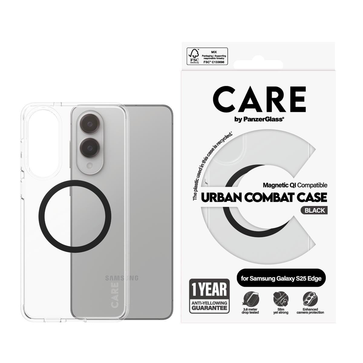 CARE by PanzerGlass Flagship Case Transparent Urban Combat w. Black Qi Compatible Samsung S25 Edge