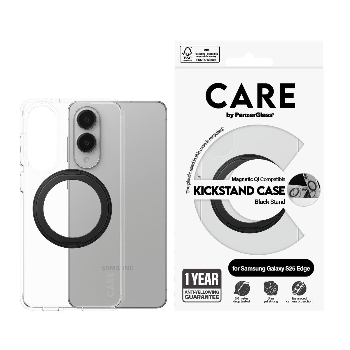 CARE by PanzerGlass Feature Case Transparent w. Black Kickstand & Qi Compatible Samsung S25 Edge Mobilcover CR43380