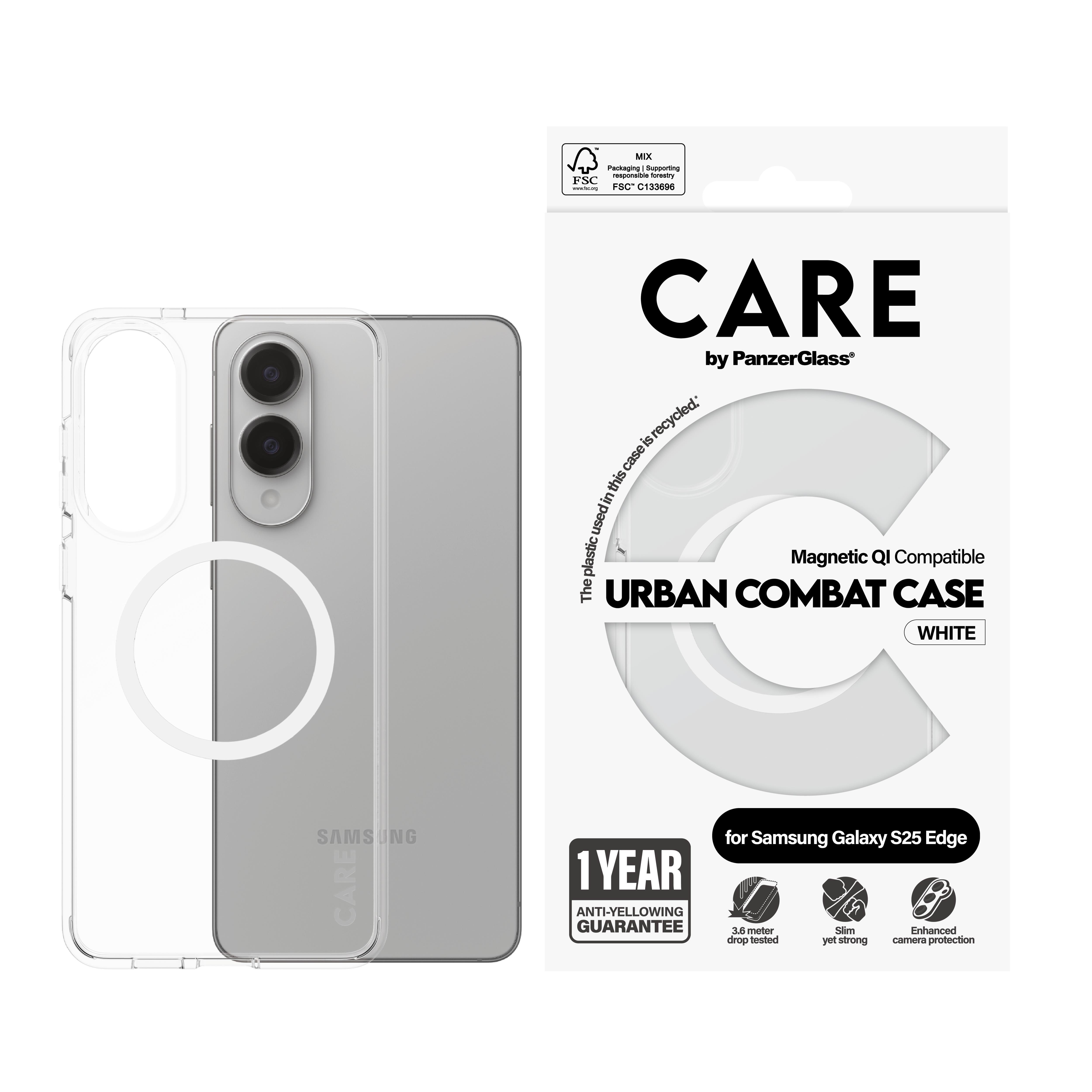 CARE by PanzerGlass Flagship Case Transparent Urban Combat w. White Qi Compatible Samsung S25 Edge