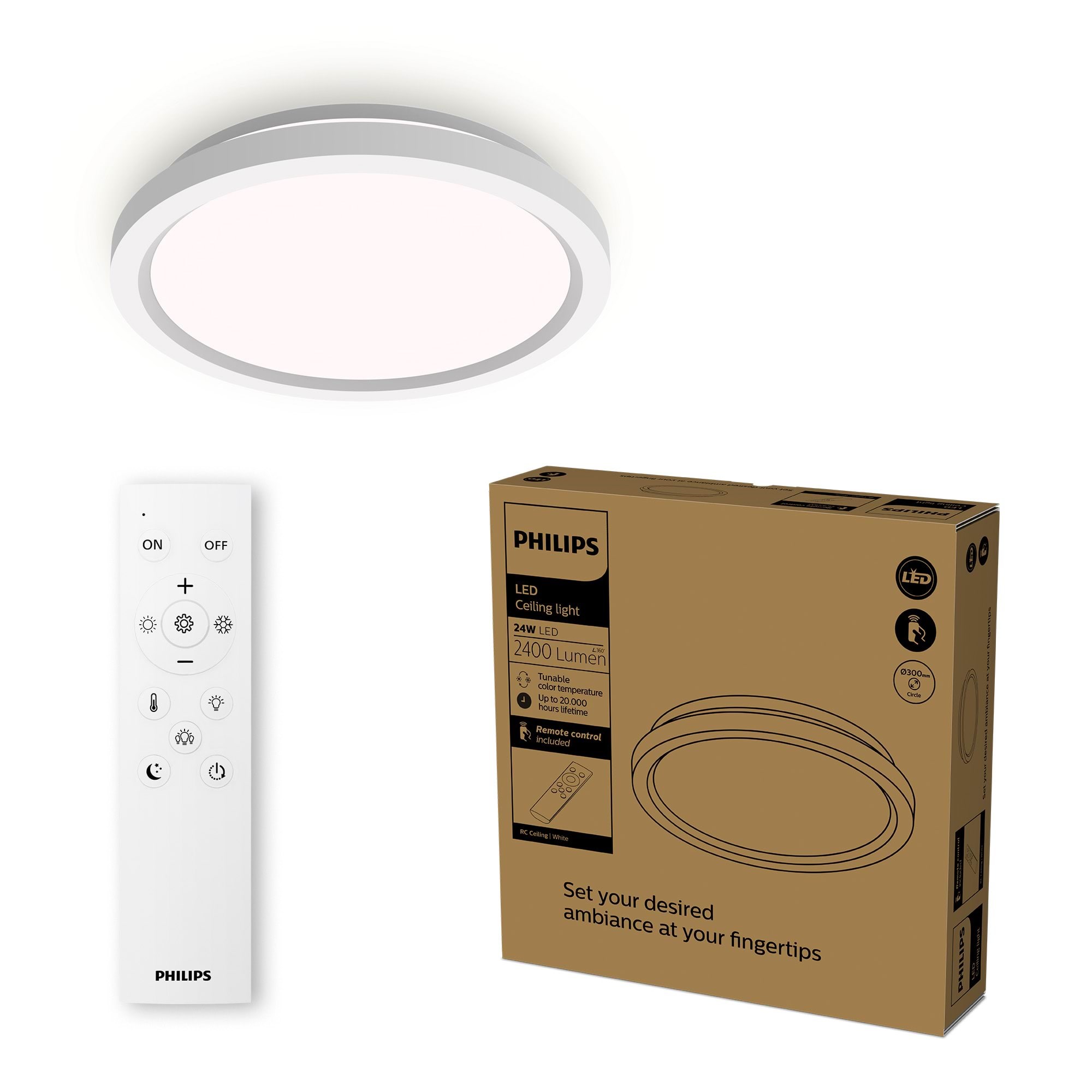 Philips AIO loftslampe med fjernbetjening (rund, sort) - 24W integreret LED-lampe med 3-trins dæmpning, 2-pak