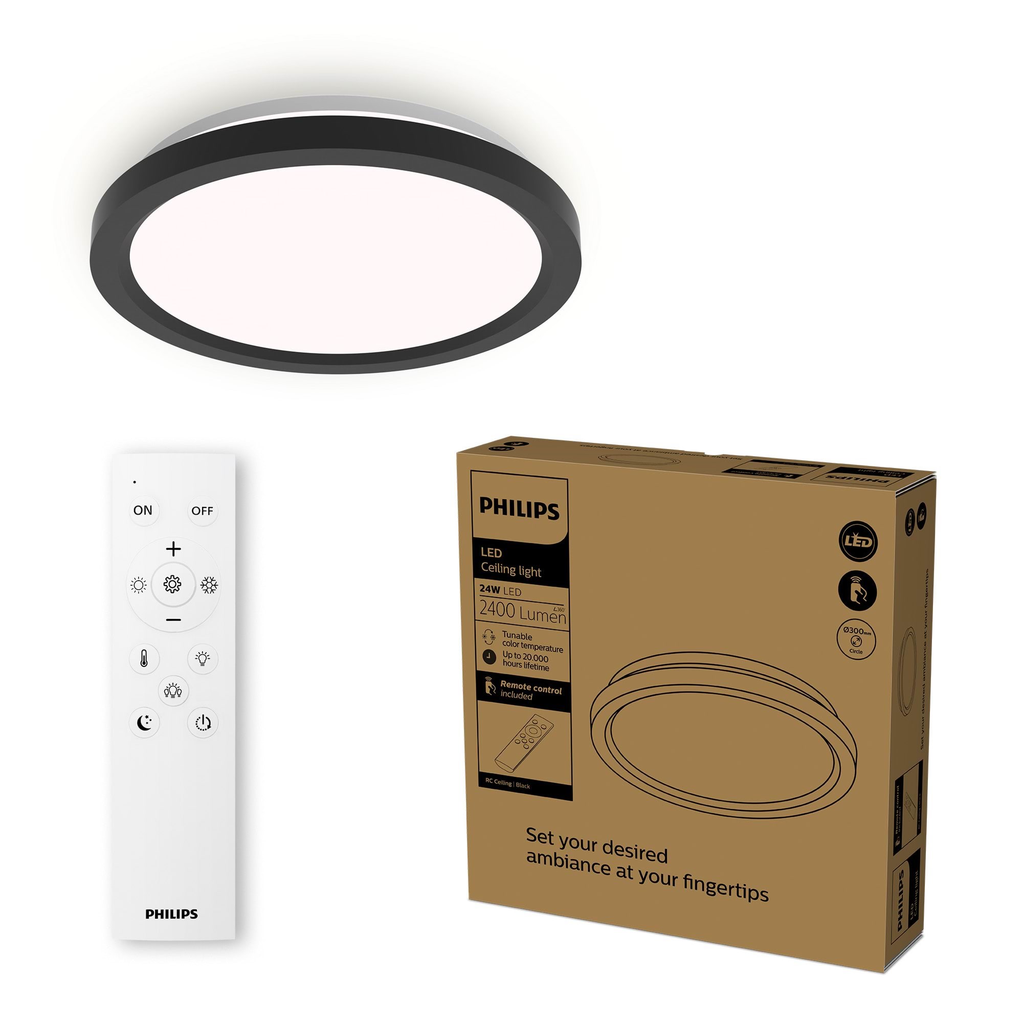 Philips AIO-loftlampe med fjernbetjening (rund, sort) - 24W integreret LED-lampe med 3-trins dæmpning Lampe 929004738801