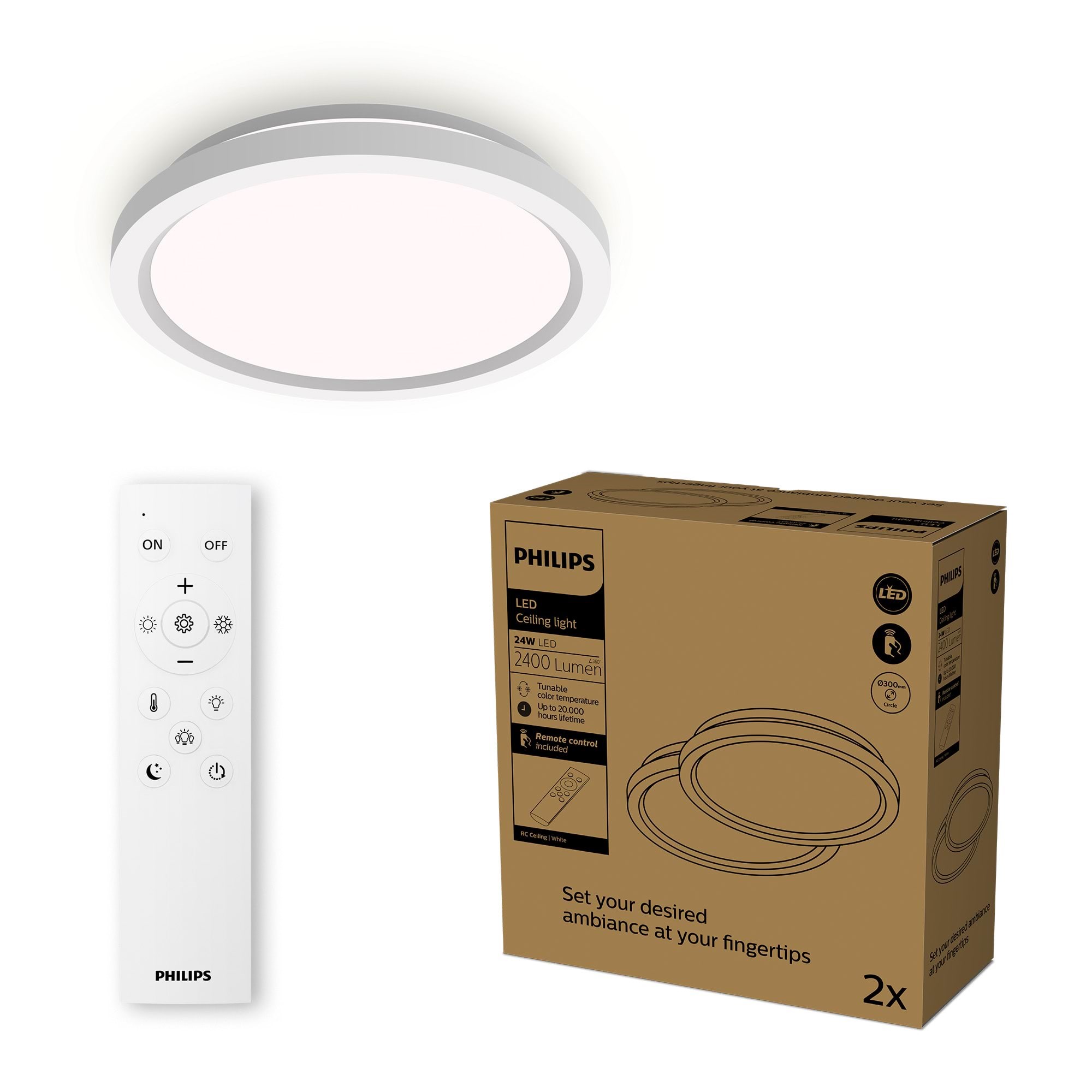 Philips AIO-loftlampe med fjernbetjening (rund, hvid) - 24W integreret LED-lampe med 3-trins dæmpning, 2-pak Lampe 929004689002