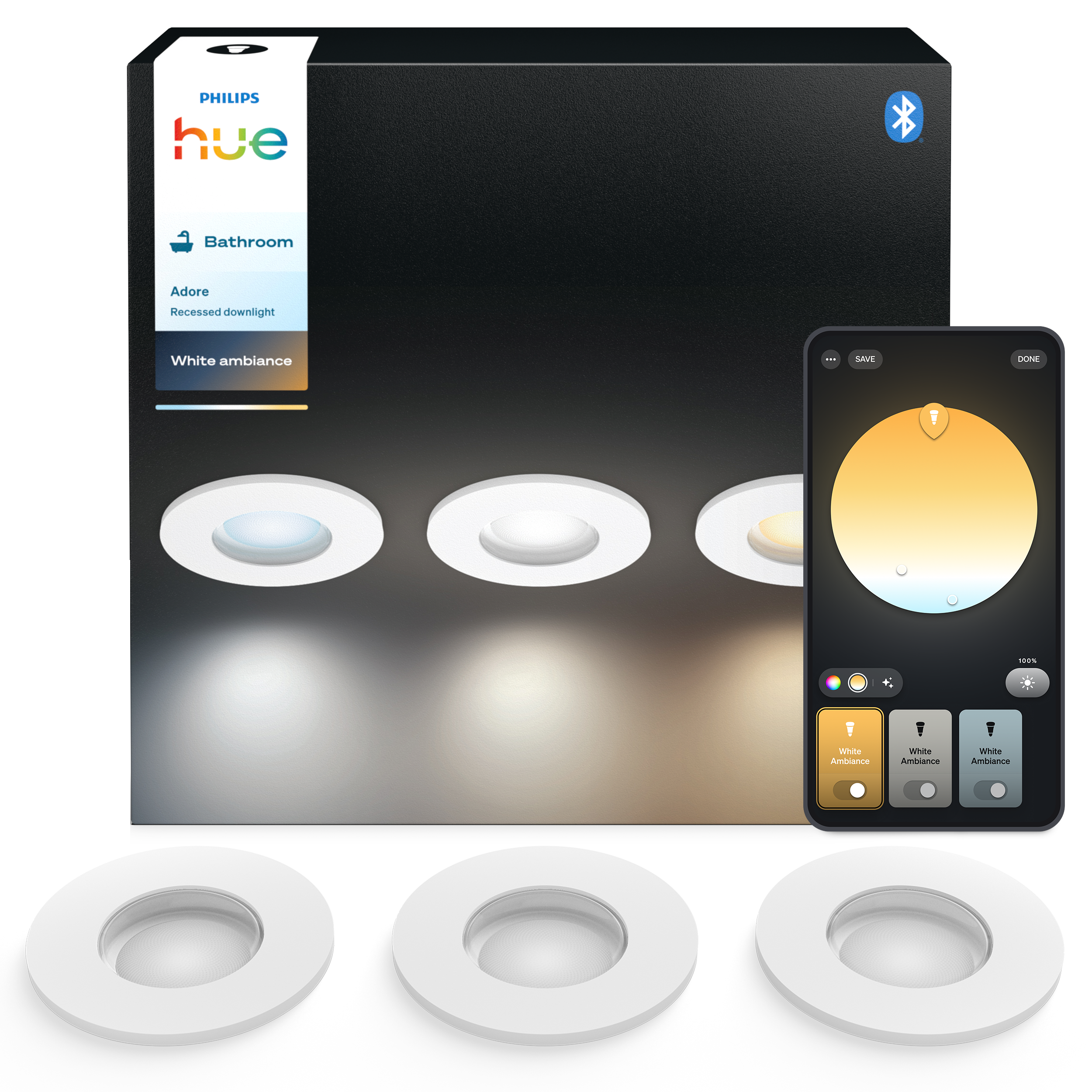 Philips Hue Adore indbygningsspot til badeværelse 3-pak Smart Home 929004611501