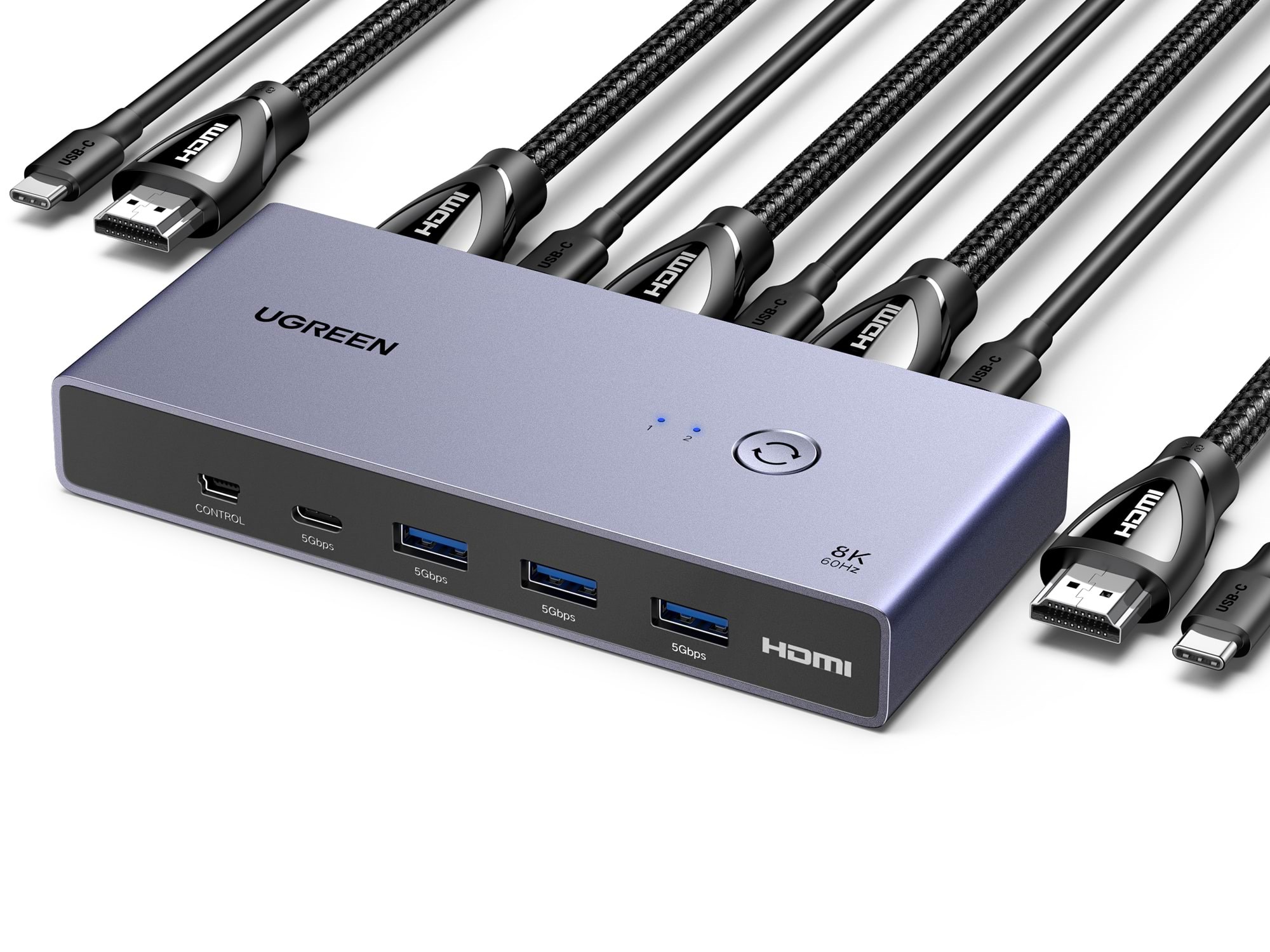 UGREEN 8K HDMI KVM Switch 4 USB 3.0 Ports (3 USB-A + 1 USB-C) 2 HDMI Cables 2 USB Cables and Controller
