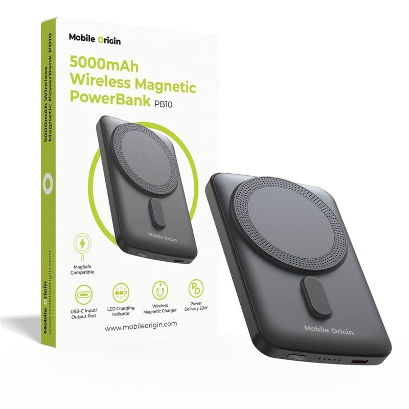 Mobile Origin Wireless Magnetic PowerBank 5000mAh PB10 - 5000 mAh Powerbank Sort MO-WMP-PB10
