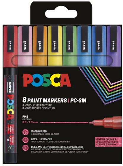 POSCA marker sæt PC-3M 8 ass. farver Glitter Tegneværktøj 401661