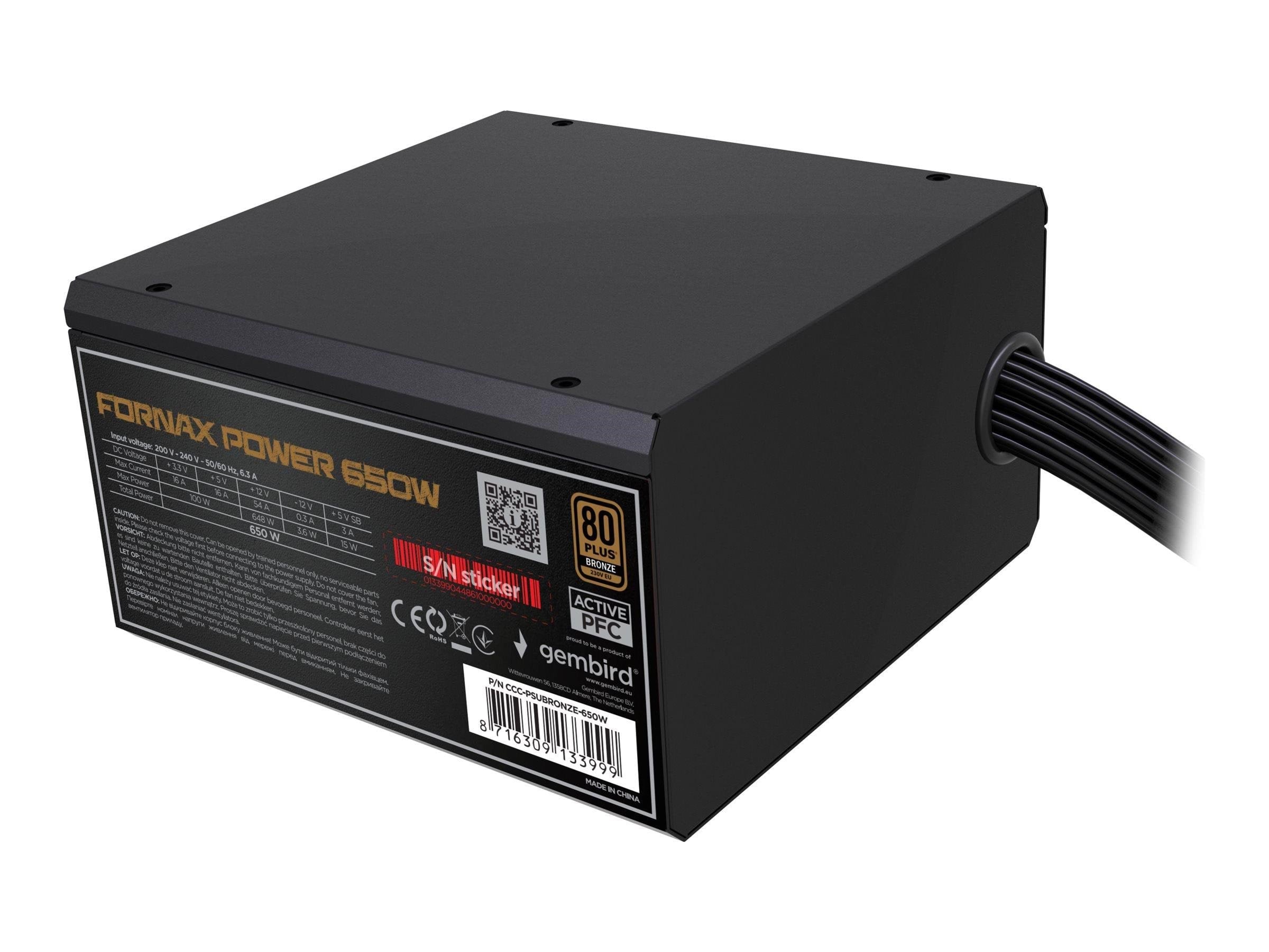 Gembird CCC-PSUBRONZE-650W - power supply - 650 Watt Strømforsyning - 650 Watt - 120 mm - ATX - 80 Plus Bronze certified Strømforsyning Sort