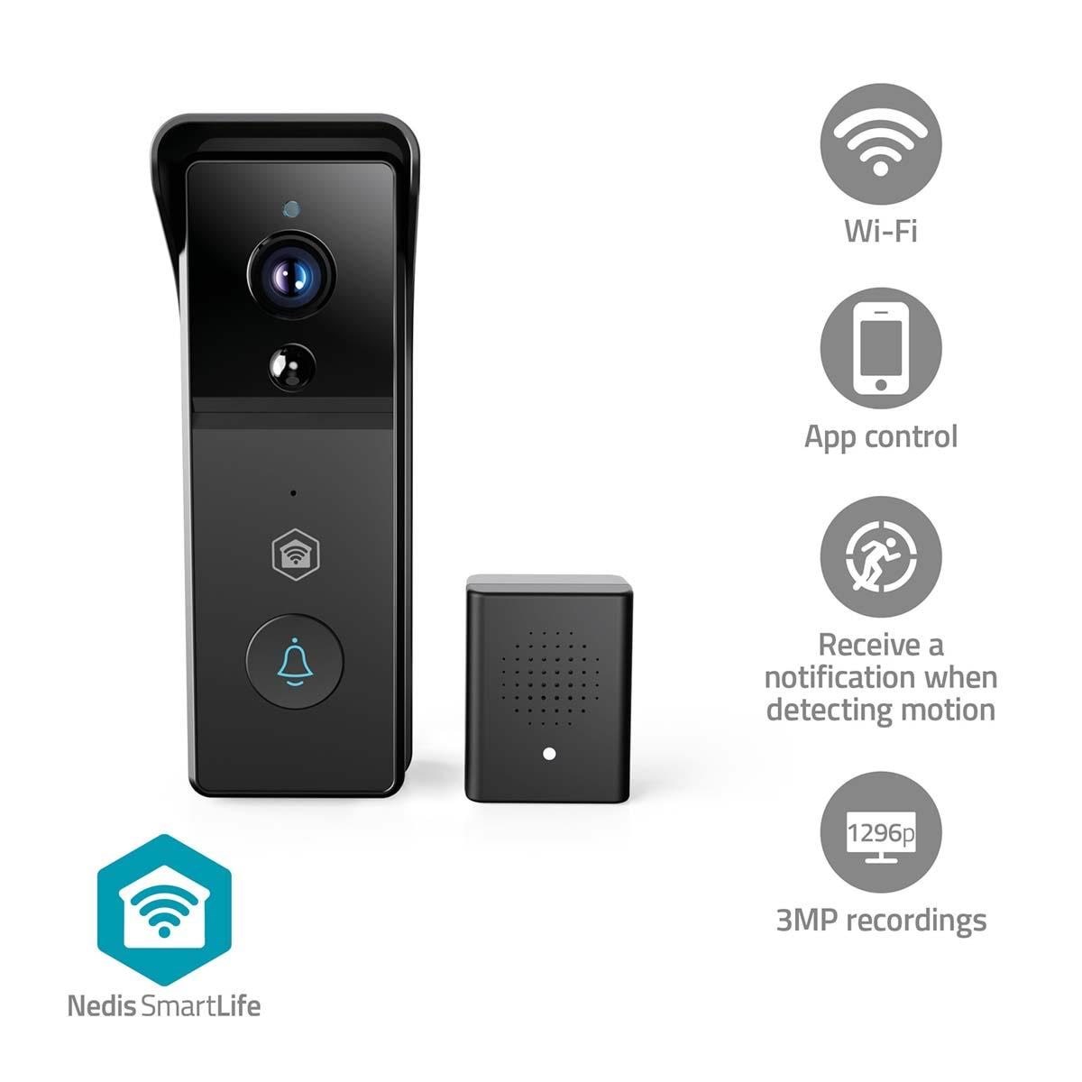 Nedis SmartLife Video Dørtelefon Wi-Fi Batteri 3MP Full HD 1296p Cloud Storage (mulighed) / microSD (ikke inkluderet) IP44 Med bevægelsessensor 