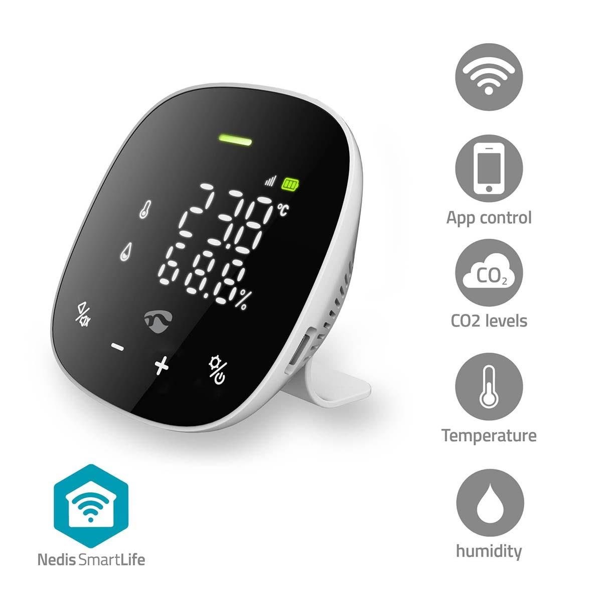 Nedis SmartLife-luftkvalitetsmåler Wi-Fi Inkl. Skærm Fugtighed / Kuldioxid (CO2) / Temperatur Android / IOS Hvid / Sort Smart Home WIFISA20CBK