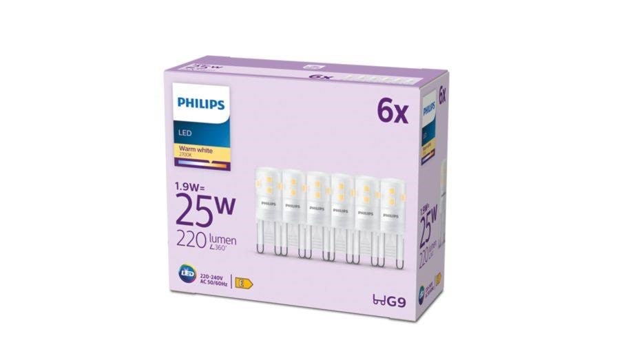 Philips LED pære 220lm 1,9W/827 (25W) 6-pak G9 Lyskilde 929003790596
