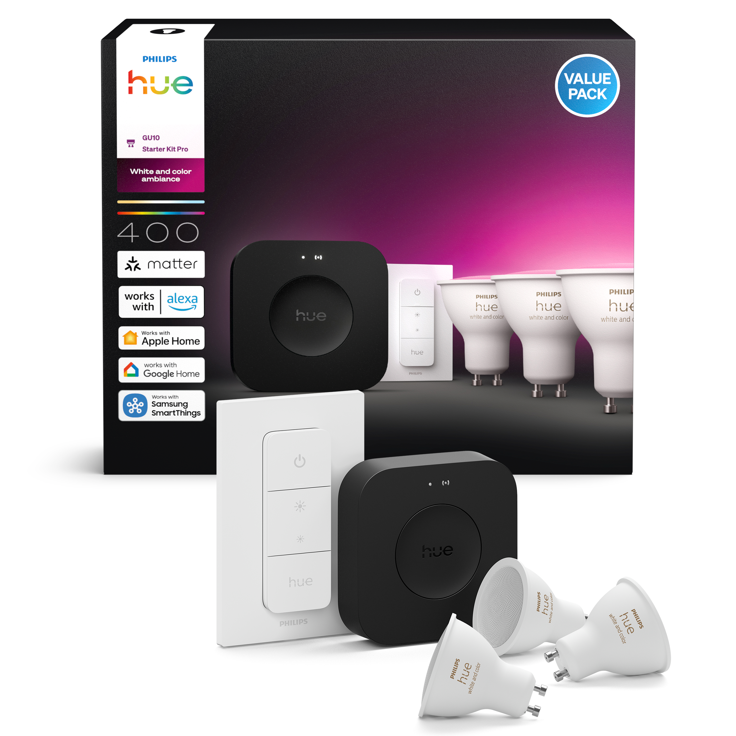 Philips Hue Startsæt: 3 x GU10 spots + Dimmer switch + Bridge Pro Smart Home 929003666513