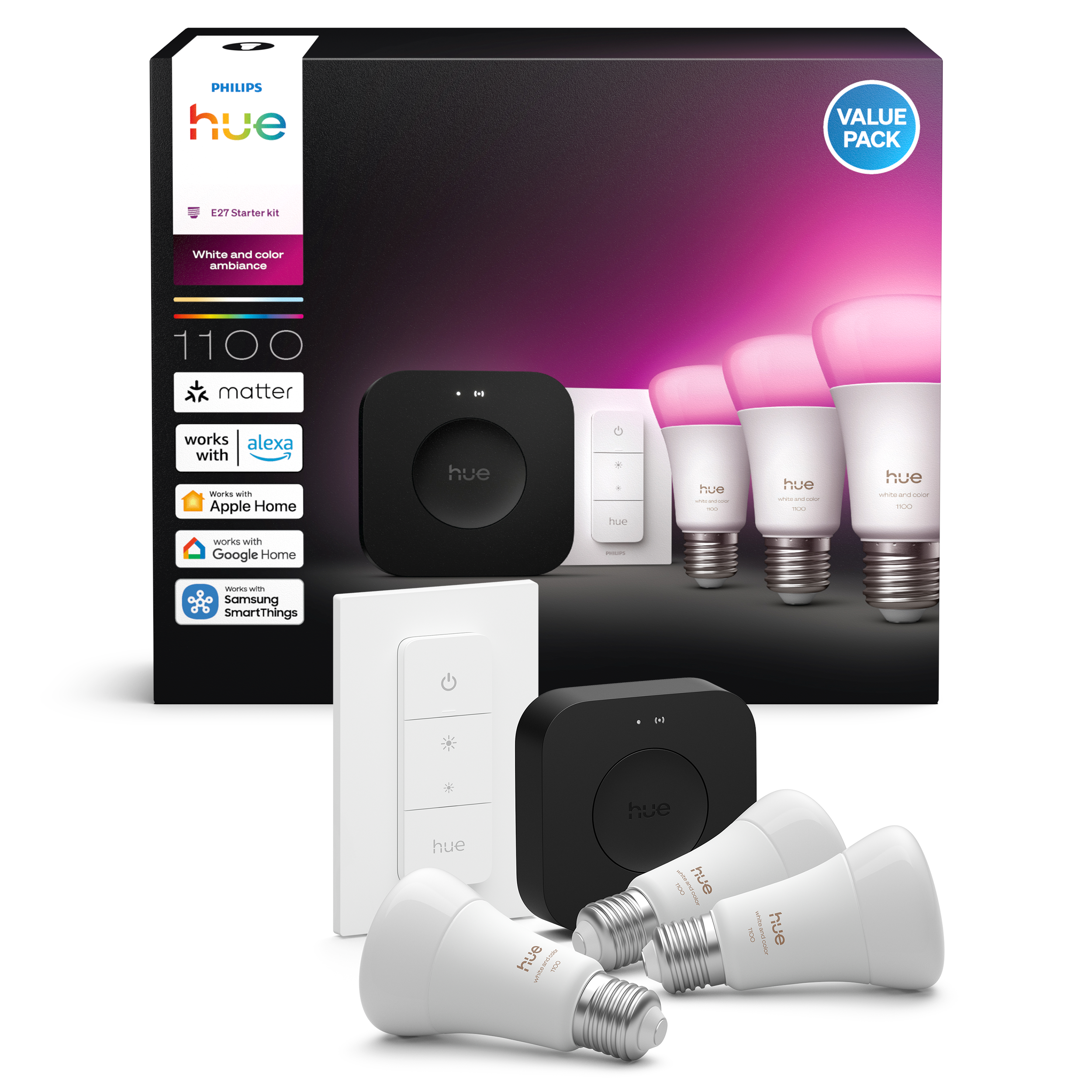 Philips Hue Startsæt: 3 x E27 pærer + Dimmer switch + Bridge Pro Smart Home 929003853503