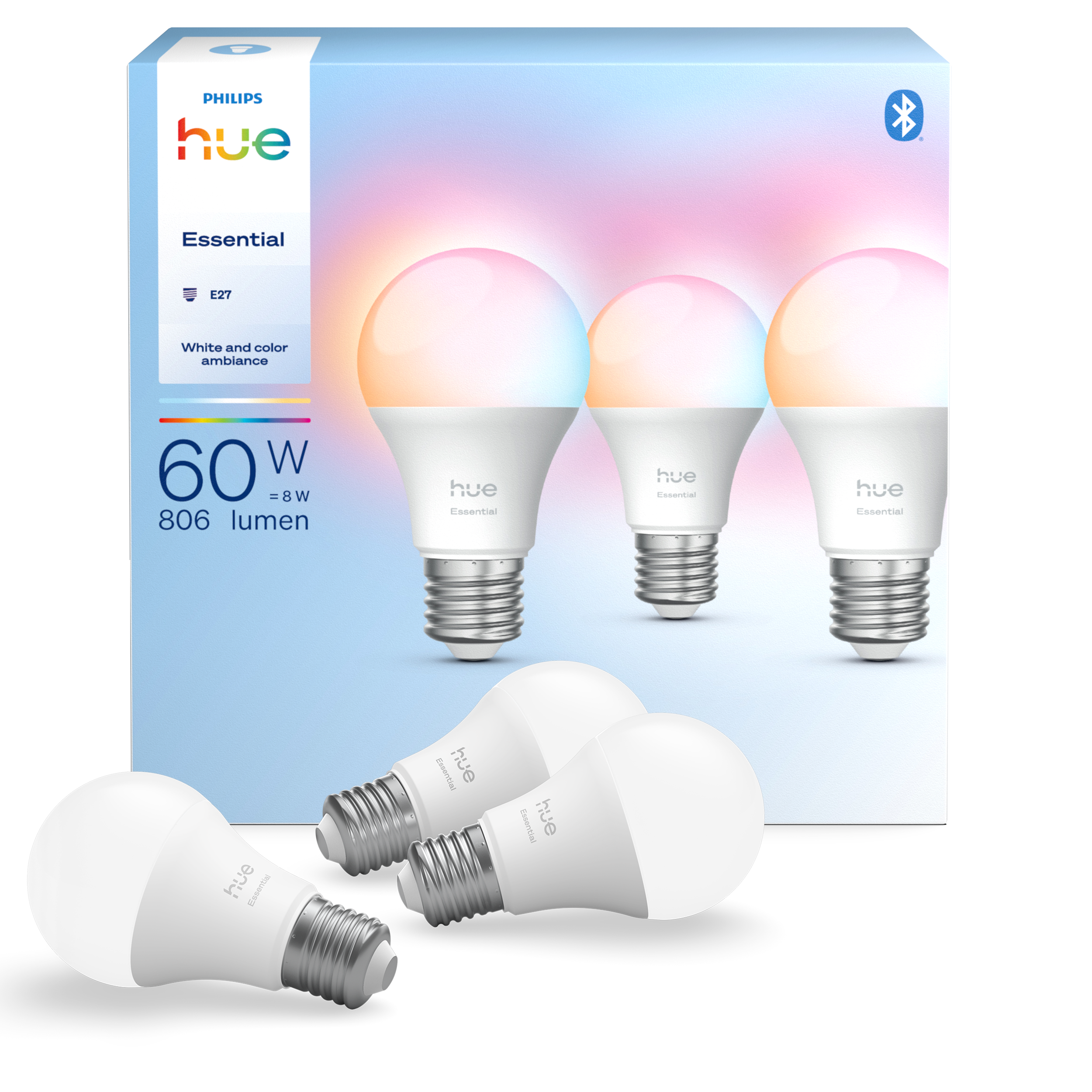 Philips Hue Essential A60 - E27 pære - 806 lumen - 8 W - 3-pakke Smart Home 929004235407