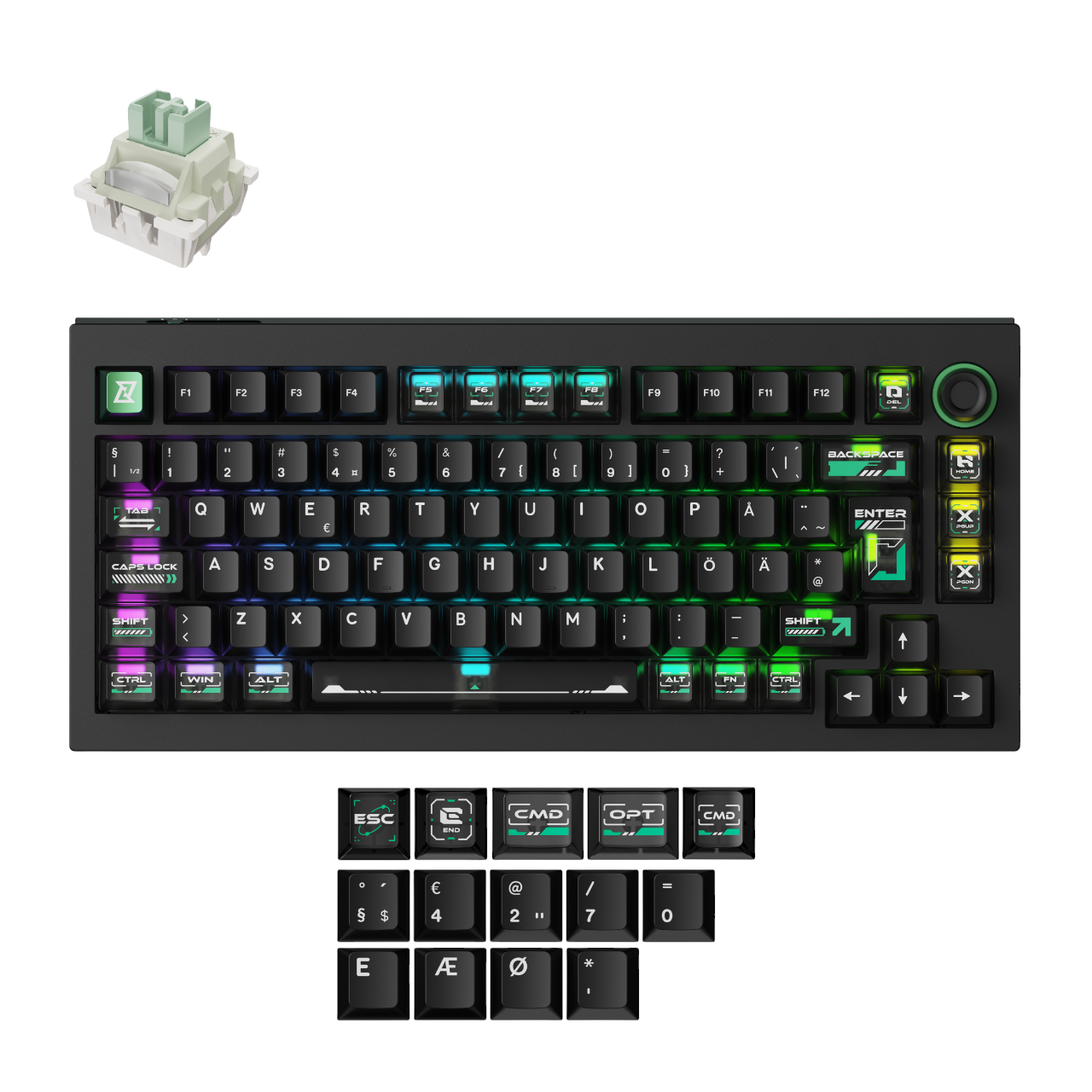 Keychron Lemokey L5 HE - 8K 75% Knob Cyber Lime Magnetic Switch (Hall Effect) - Gaming Tastatur - Uden Numpad - Nordisk - Sort