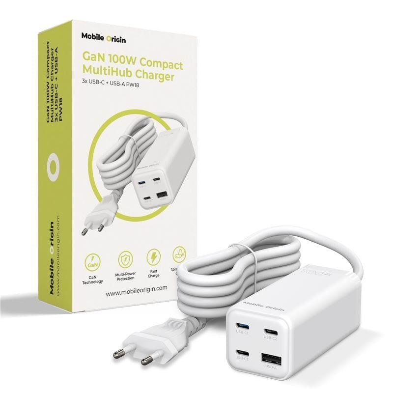 Mobile Origin GaN 100W Compact MultiHub Charger PW18 with 3x USB-C + USB-A Mobil Oplader MO-100CMH-PW18
