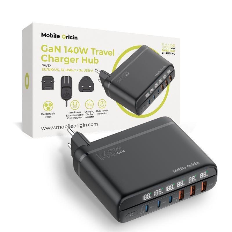 Mobile Origin GaN 140W Travel Charger Hub PW12 EU/UK/US - 3x USB-C + 3x USB-A Mobil Oplader MO-CH140-PW12