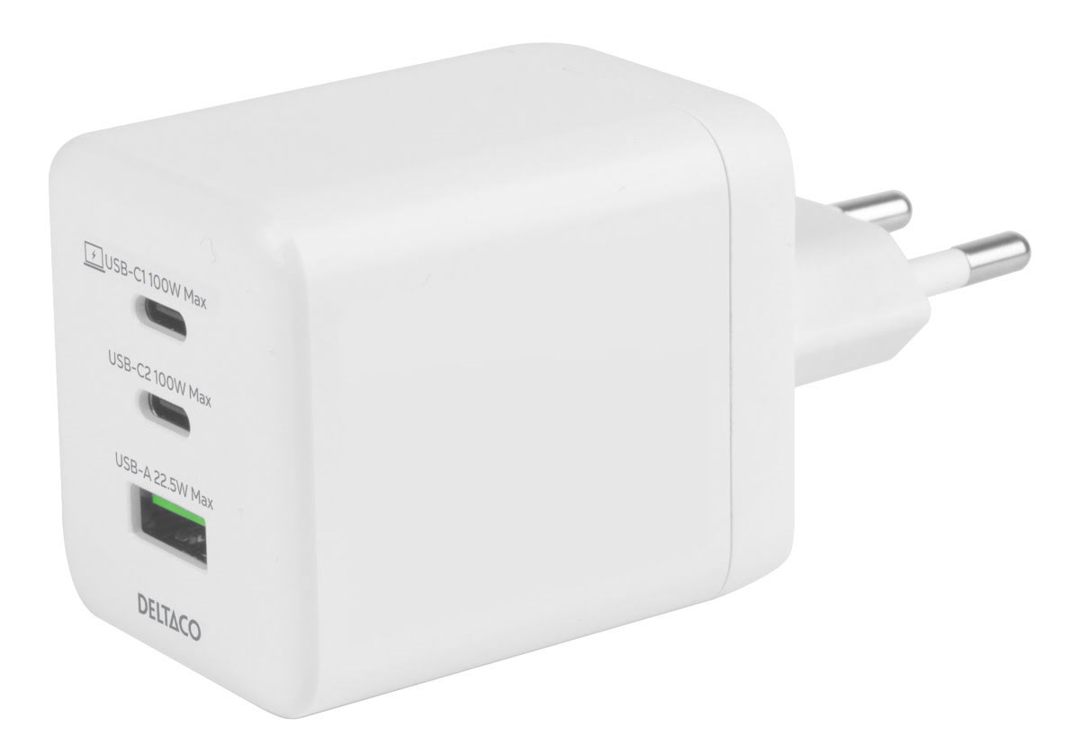 Deltaco USB GaN Wall Charger 100W | 1x USB-A | 2x USB-C | PPS + PD | White Mobil Oplader USBC-GAN06