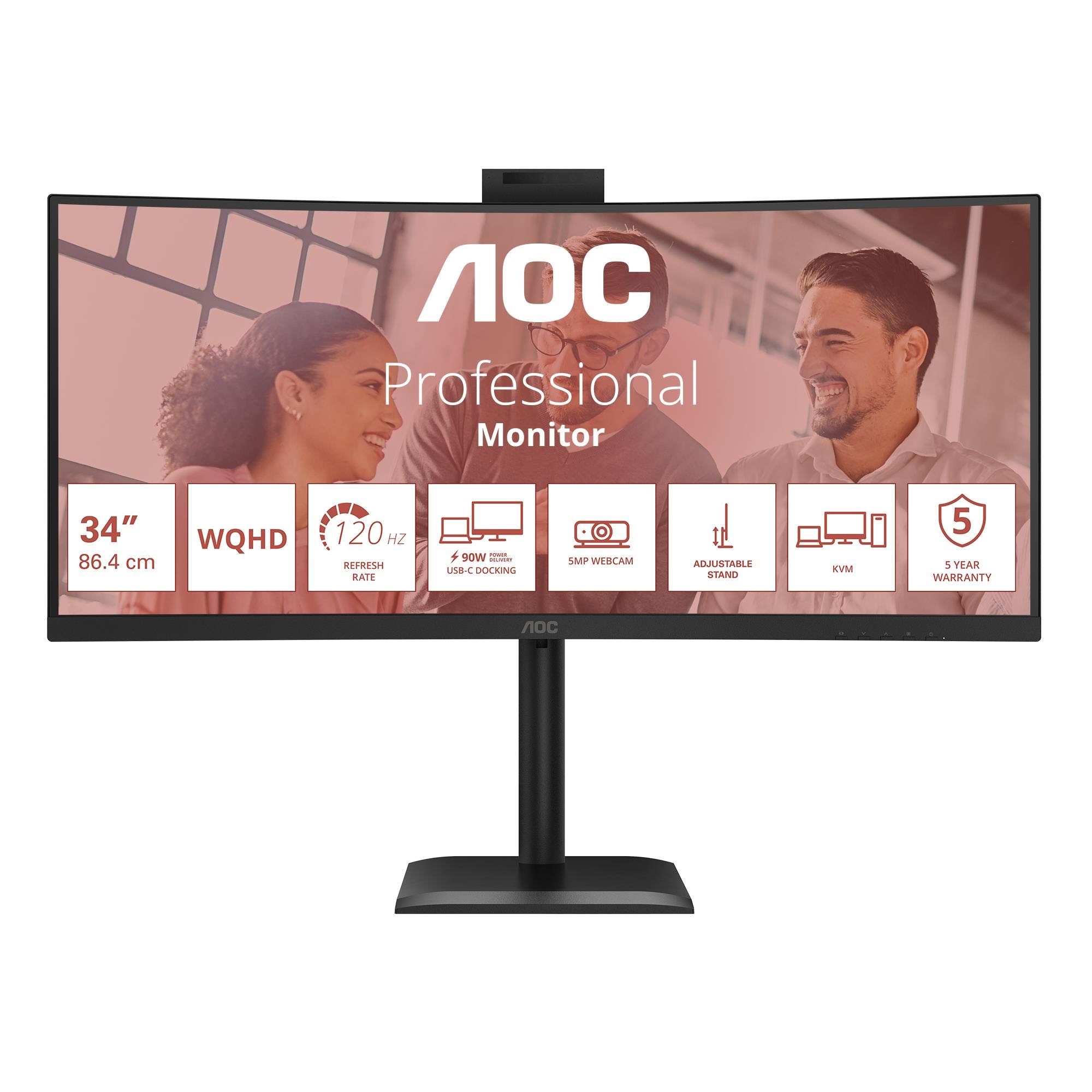 34" AOC CU34E4CW - 3440x1440 (UWQHD) - 120Hz - VA - 90W USB-C - KVM switch Computerskærm Black