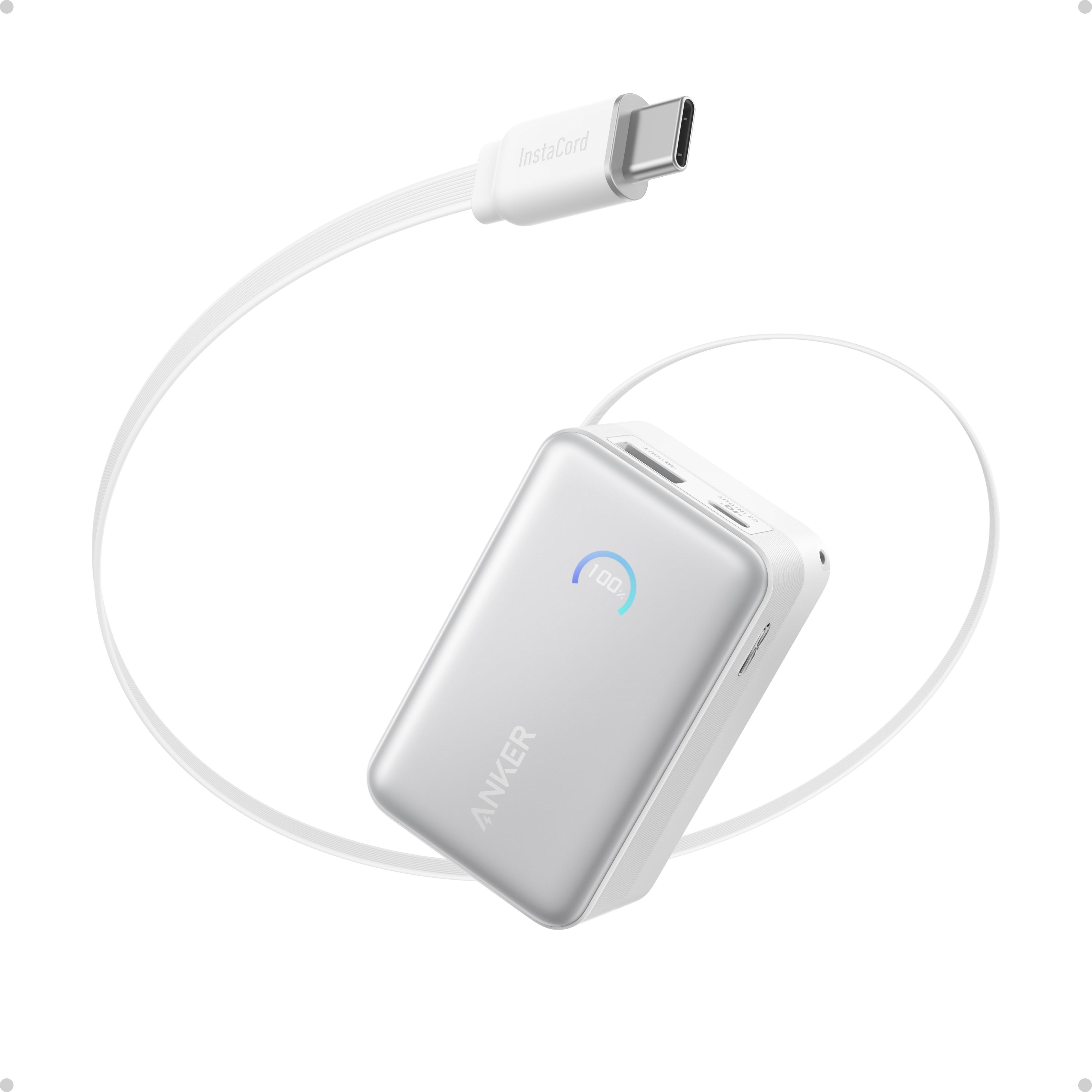 Anker Nano Power Bank (10K 45W Built-In Retractable USB-C Cable) - White - 10000 mAh Powerbank Hvid A1638H21