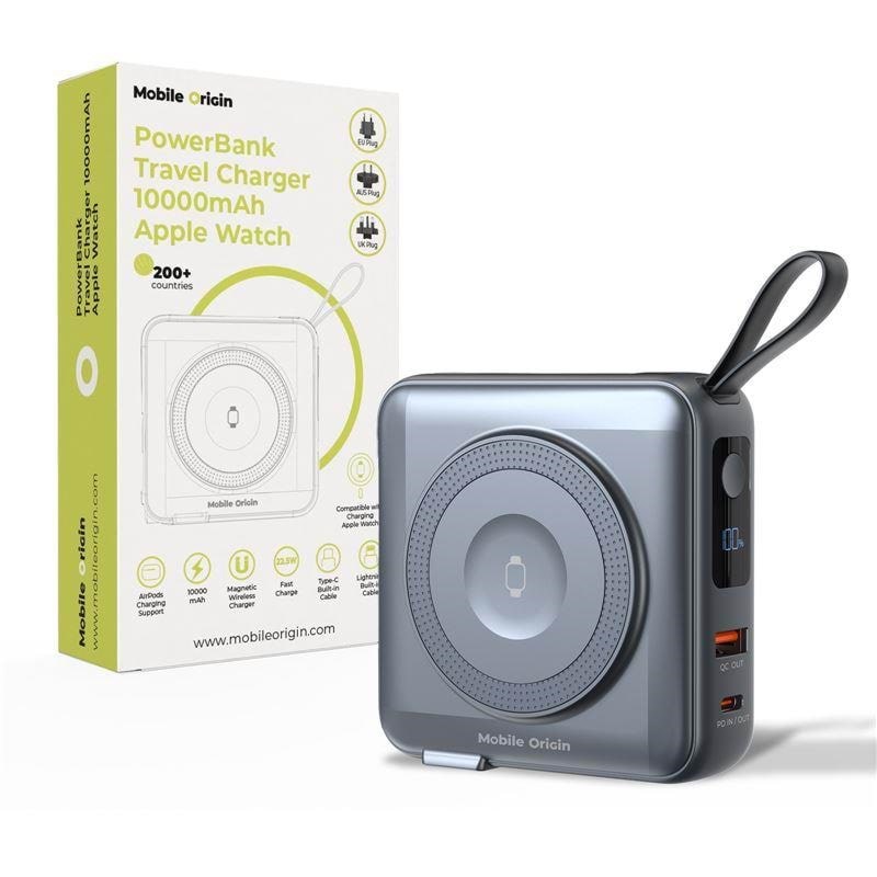 Mobile Origin PowerBank & Travel Charger - Lightning/USB-C Cable - MagSafe/AW/iPhone Compatible - grey - 10000 mAh Powerbank Grå PBT-03L-GRY