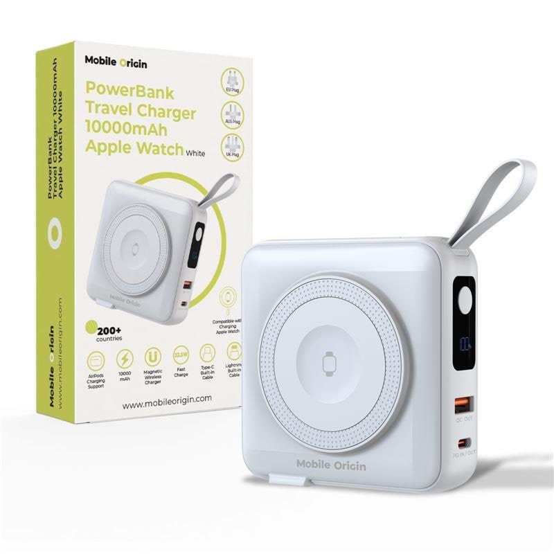 Mobile Origin PowerBank & Travel Charger - Lightning/USB-C Cable - MagSafe/AW/iPhone Compatible - white - 10000 mAh Powerbank Hvid PBT-03L-WHT