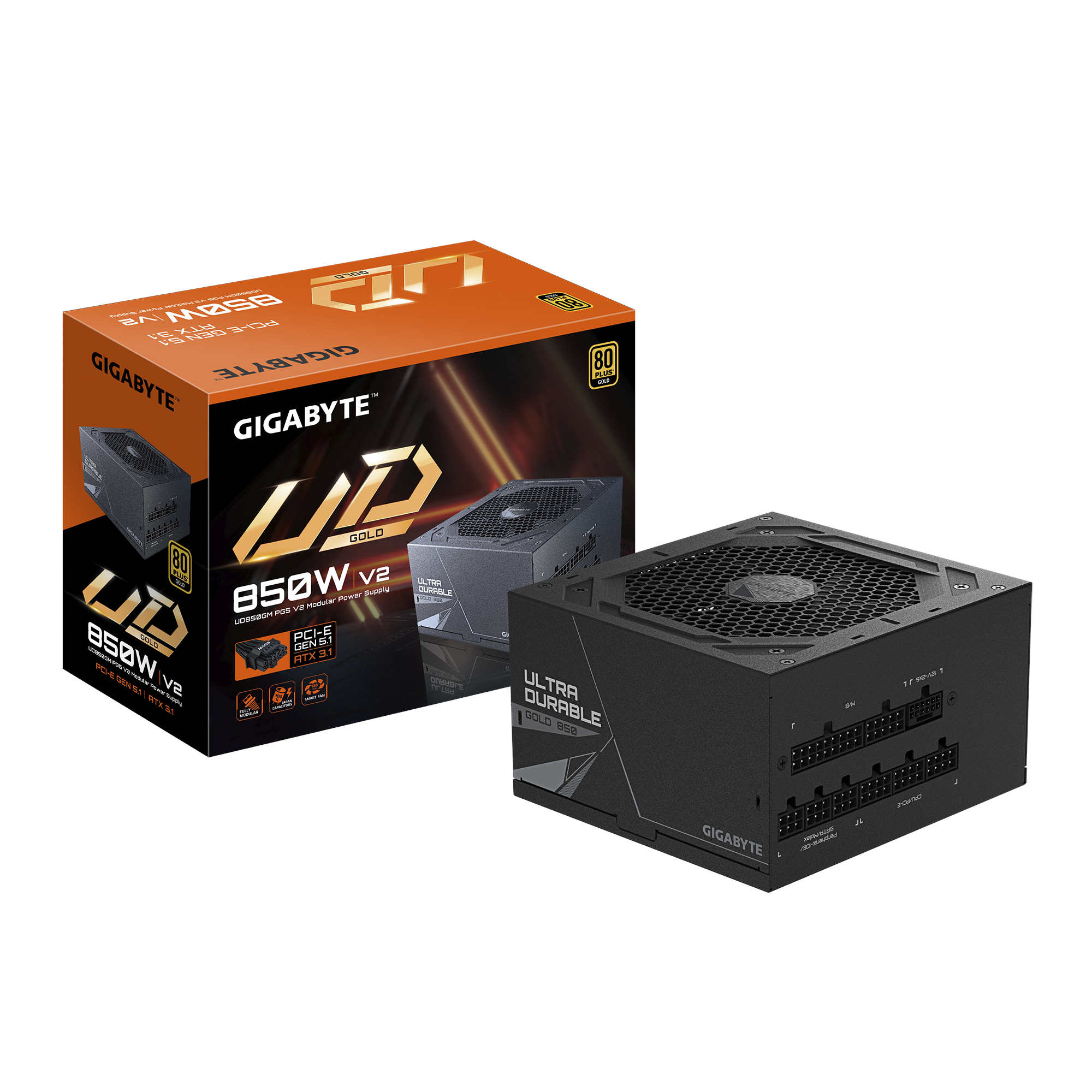 GIGABYTE UD850GM PG5 V2 Strømforsyning - 850 Watt - 120 mm - ATX 3.1 - 80 Plus Gold certified Strømforsyning Sort GP-UD850GM PG5 V2