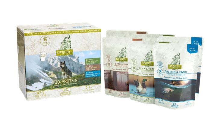 Isegrim - Duo-Protein 6x 410 gr (Deer & game - salmon & trout - duck & heart)