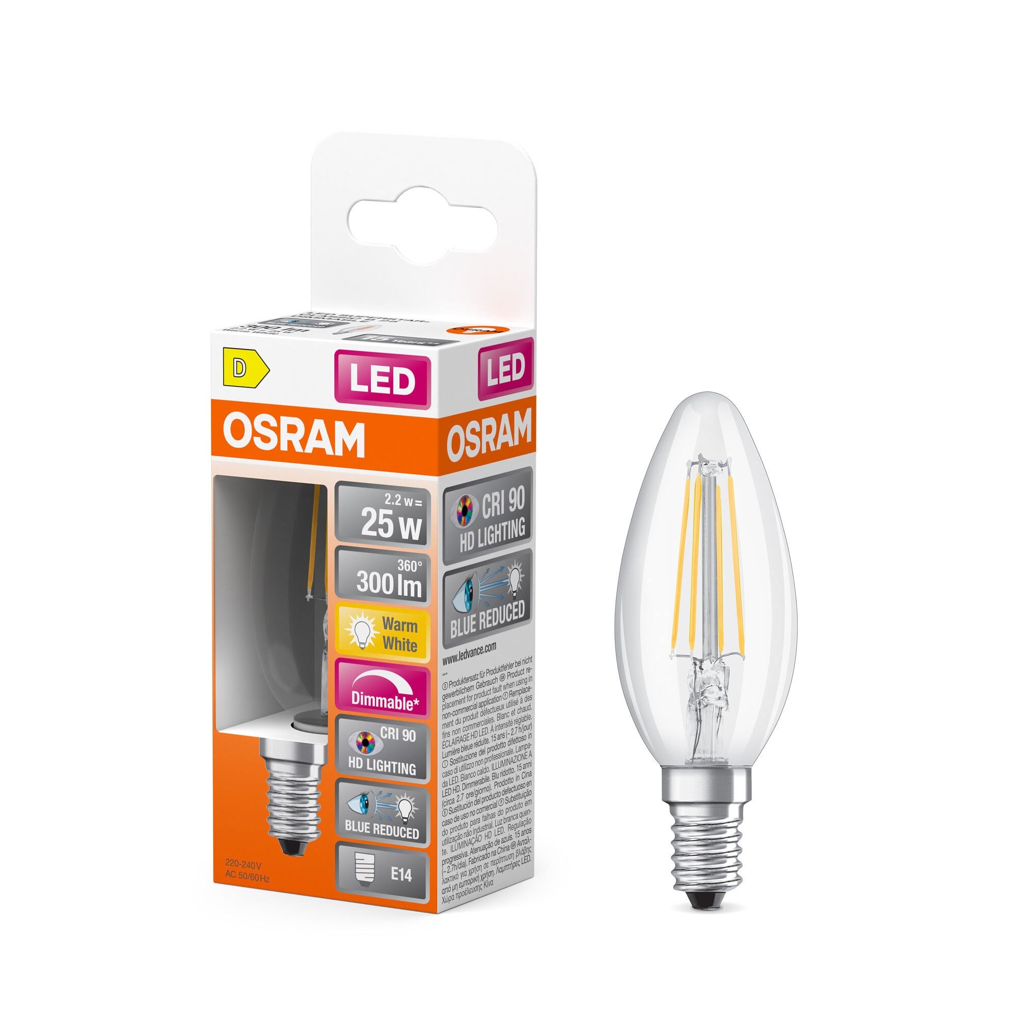 Osram LED pære LED Comfort kerte filament 300lm 2,2W/927 (25W) dæmpbar E14